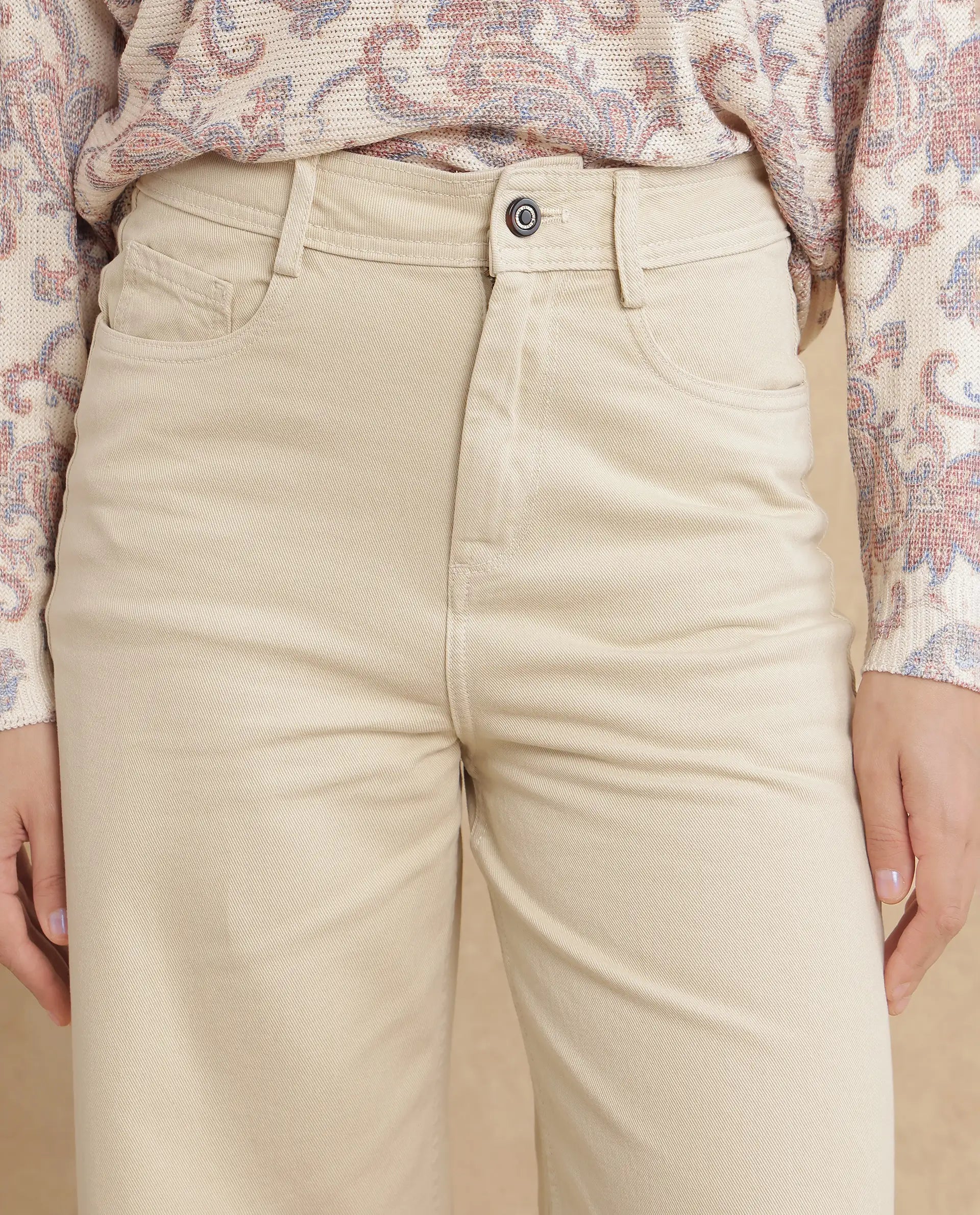 Rareism Women Ronob Beige Cotton Blend Fabric Wide Fit Plain Trouser