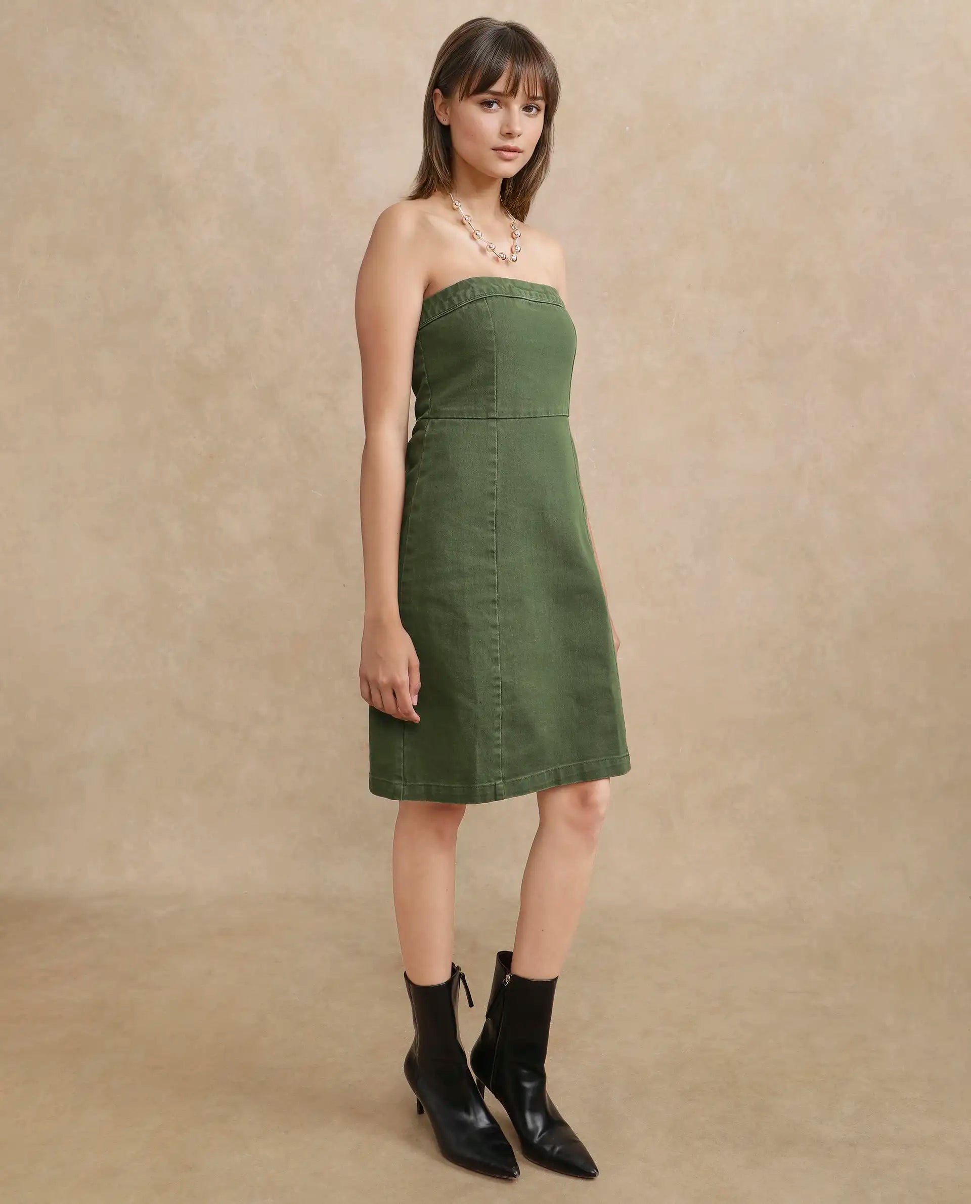 Rareism Women's Ronobia Olive Cotton Blend Tube Neck Plain Sleeveless Knee Length Bodycon Dress