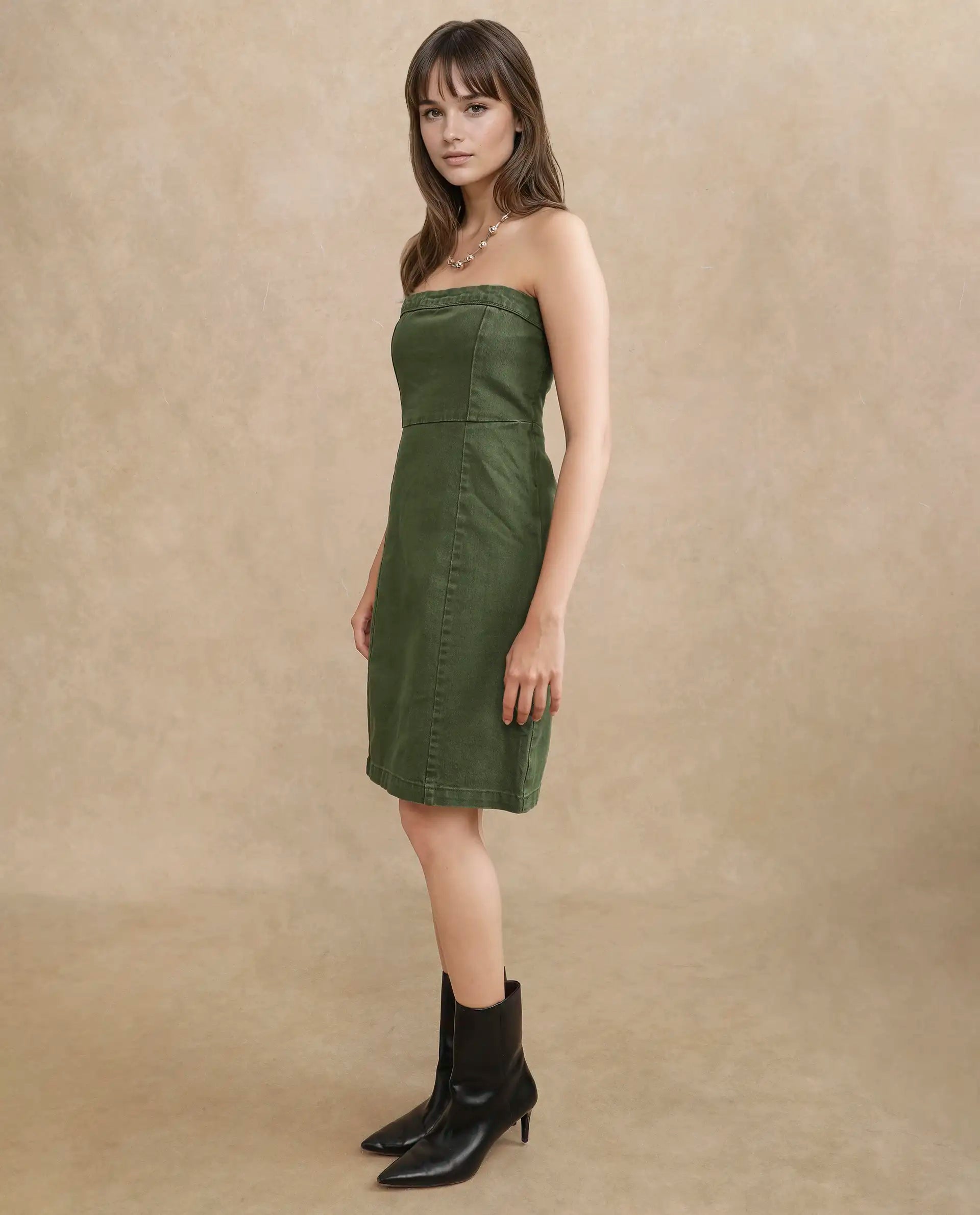 Rareism Women's Ronobia Olive Cotton Blend Tube Neck Plain Sleeveless Knee Length Bodycon Dress