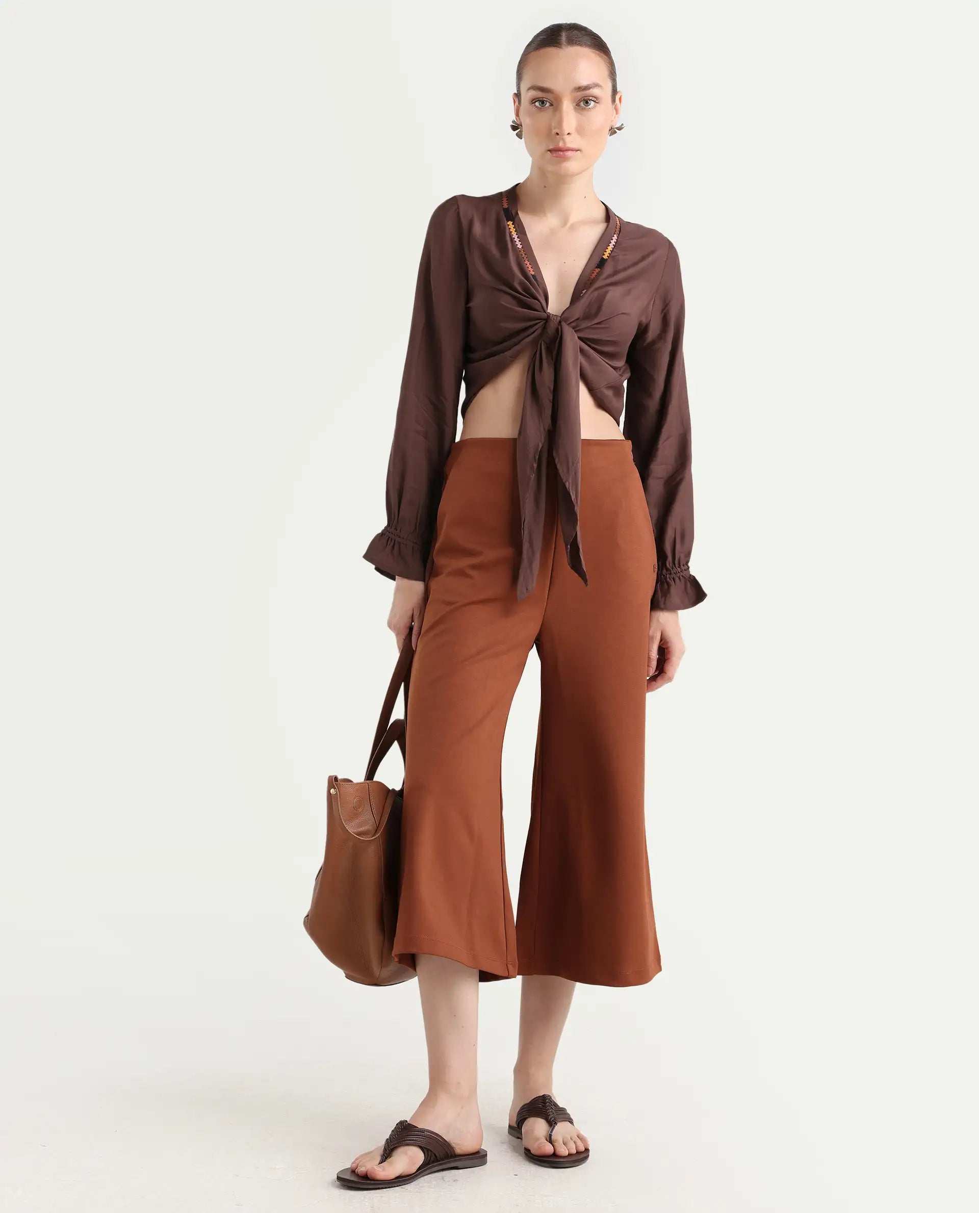 Rareism Women's Ronoko Brown Viscose Blend Collarless Plain Bishop Sleeve Regular Fit Shrug