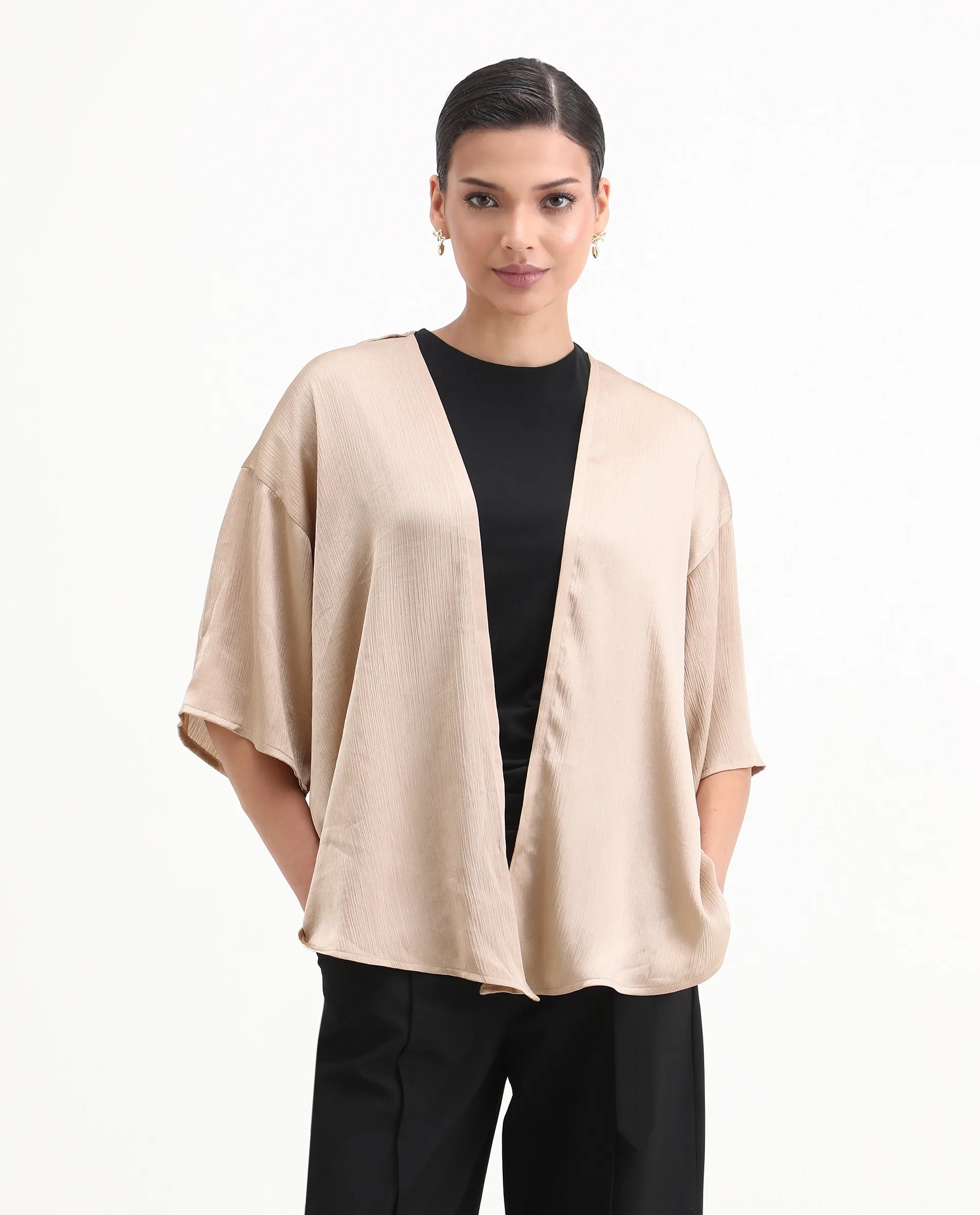 Rareism Women's Ronokya Beige Polyester Collarless Plain Kimono Sleeve Relaxed Fit Shrug