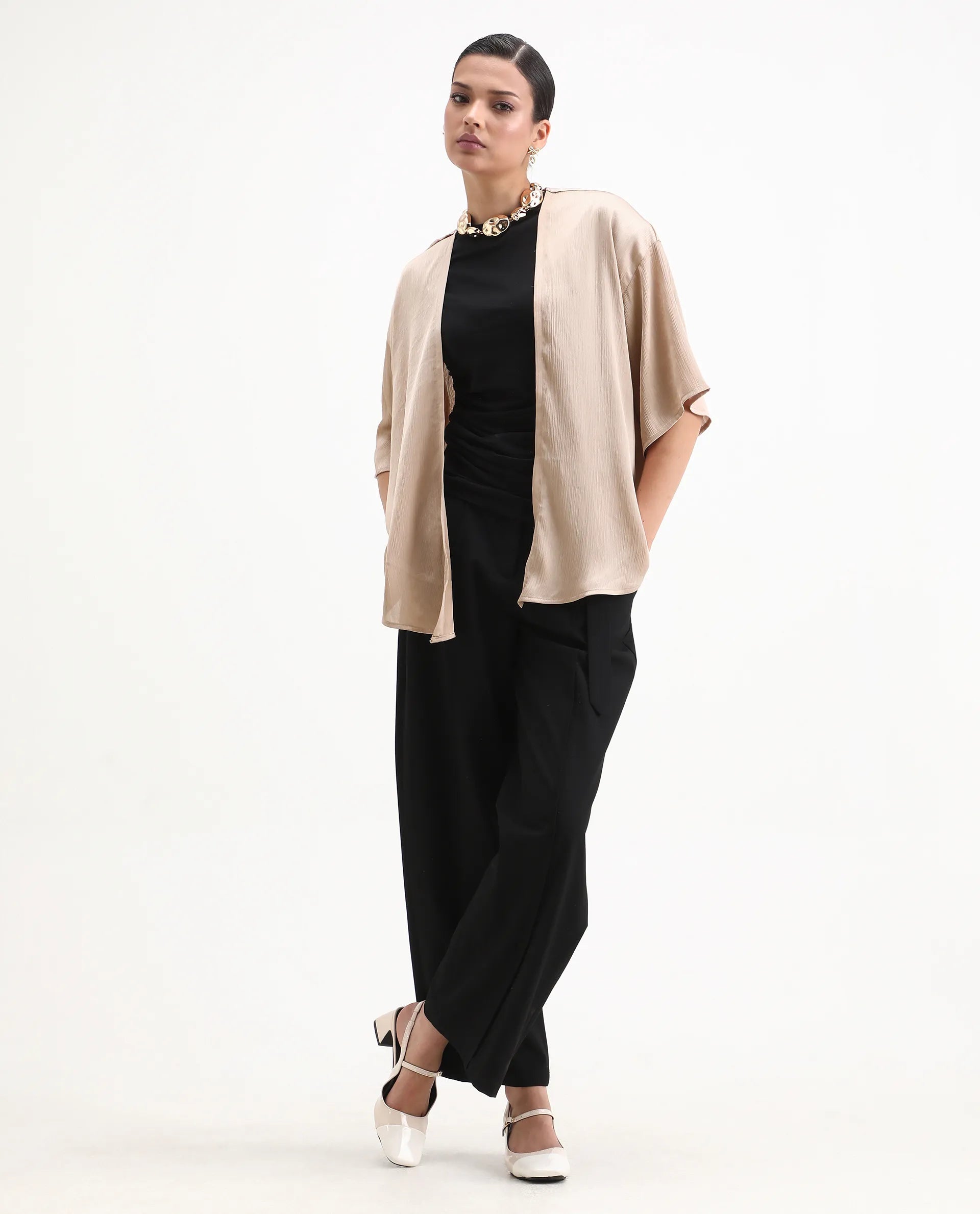 Rareism Women's Ronokya Beige Polyester Collarless Plain Kimono Sleeve Relaxed Fit Shrug