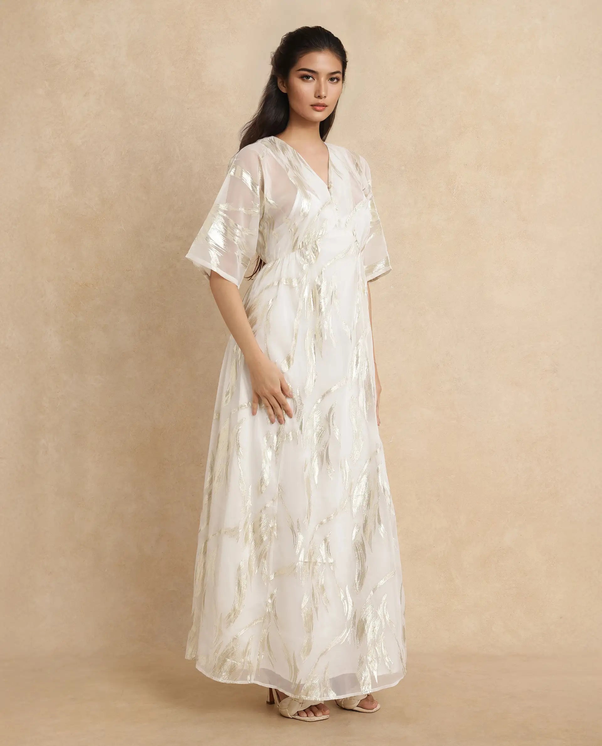 Rareism Women Ronoli Off White Polyester Fabric V-Neck Flared fit Maxi Textured Dress