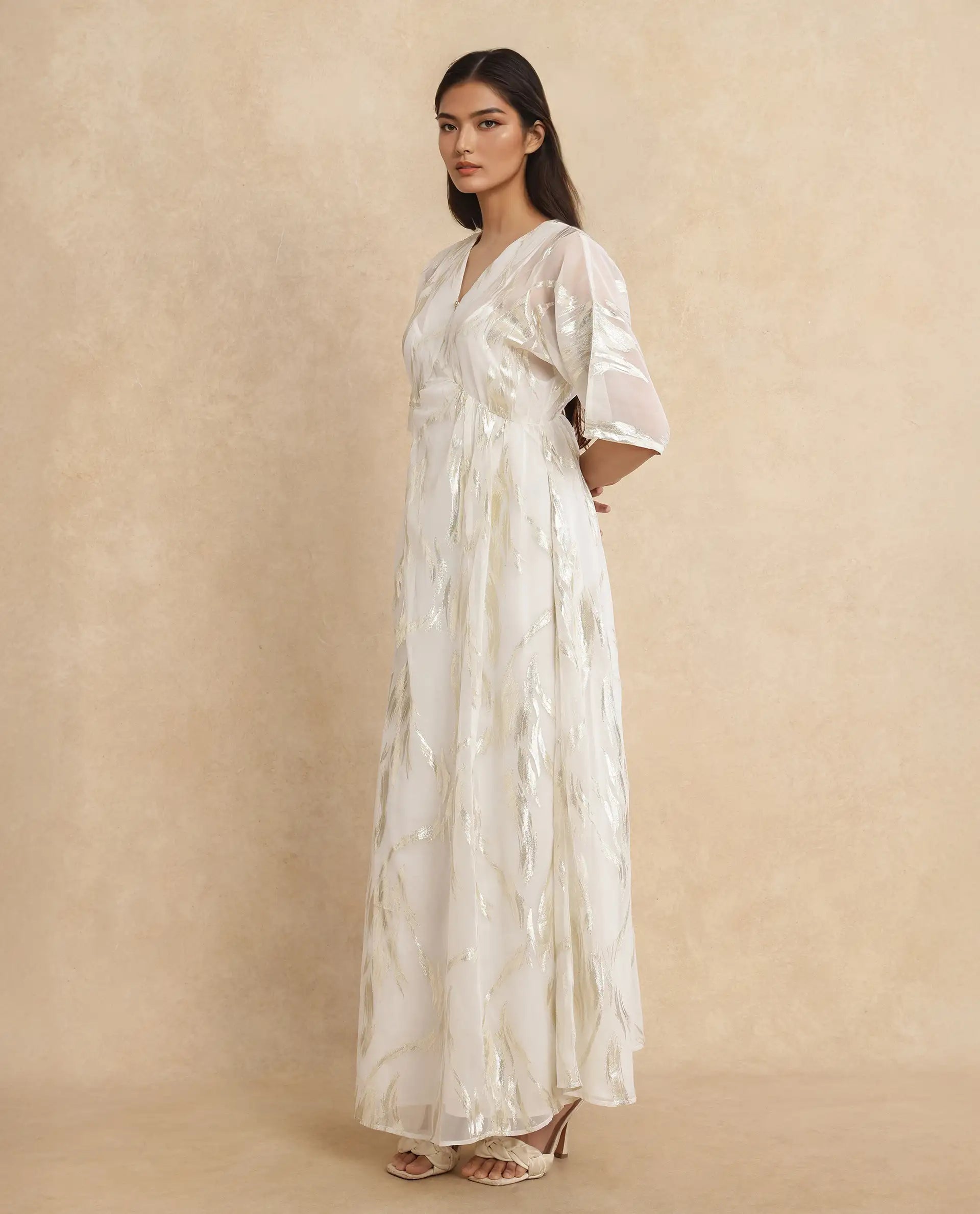 Rareism Women Ronoli Off White Polyester Fabric V-Neck Flared fit Maxi Textured Dress