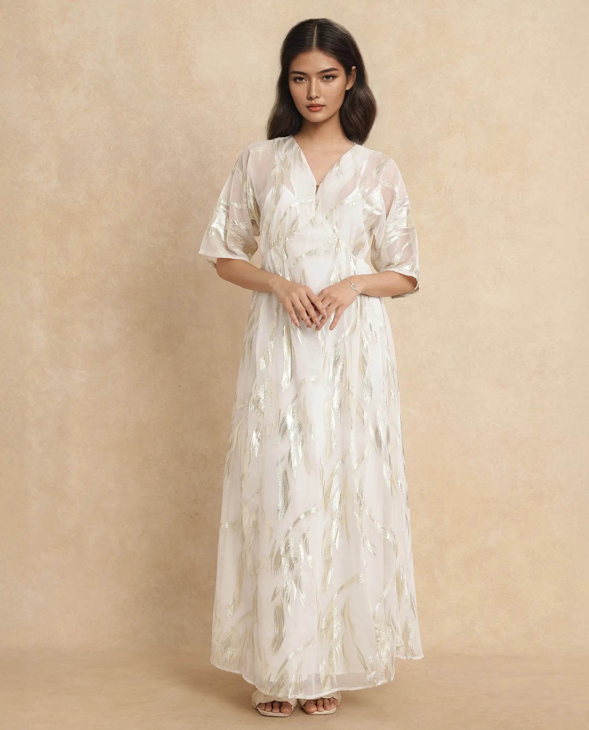 Rareism Women Ronoli Off White Polyester Fabric V-Neck Flared fit Maxi Textured Dress