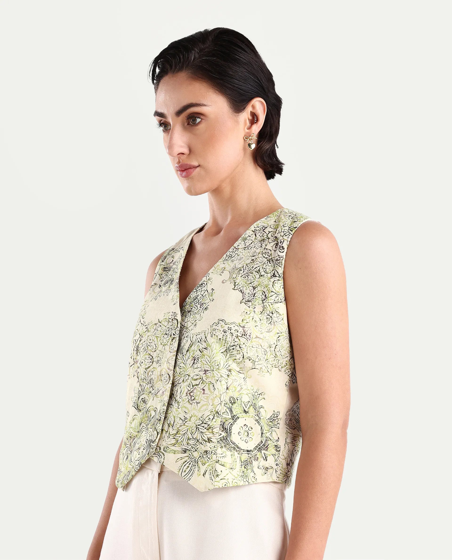 Rareism Women's Ronoz T Light Green Cotton V-Neck Abstract Print Sleeveless Crop Regular Fit Waist Coat