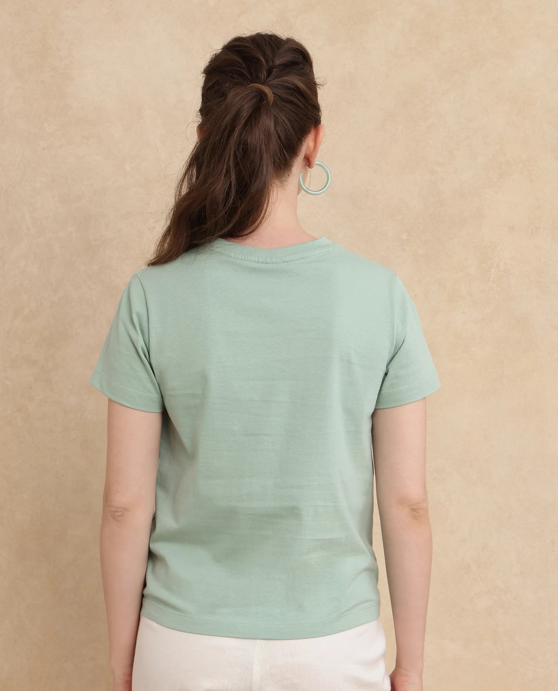 Rareism Women Ronpel Light Green Cotton Fabric Short Sleeve Regular Fit Abstract T-Shirt