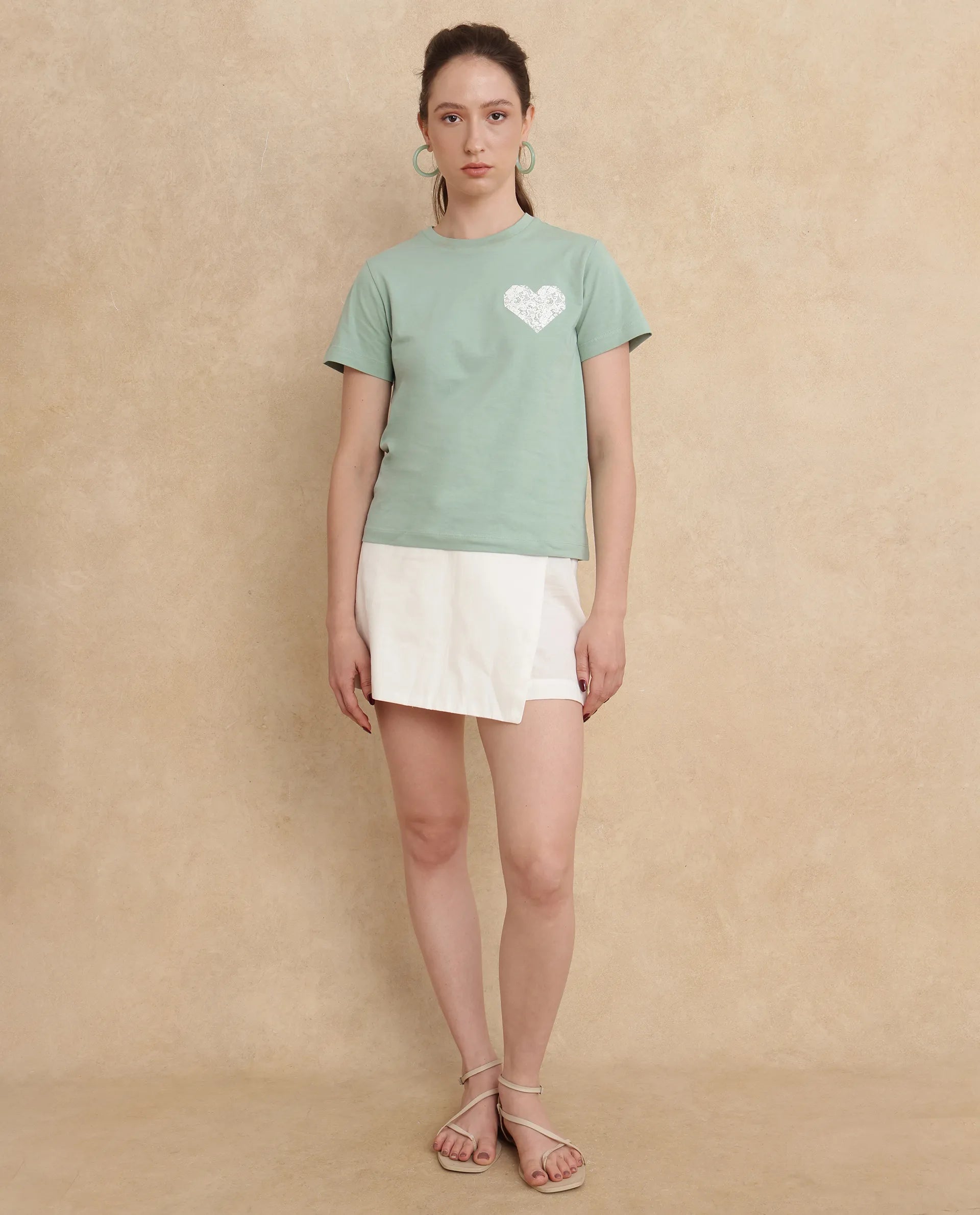 Rareism Women Ronpel Light Green Cotton Fabric Short Sleeve Regular Fit Abstract T-Shirt