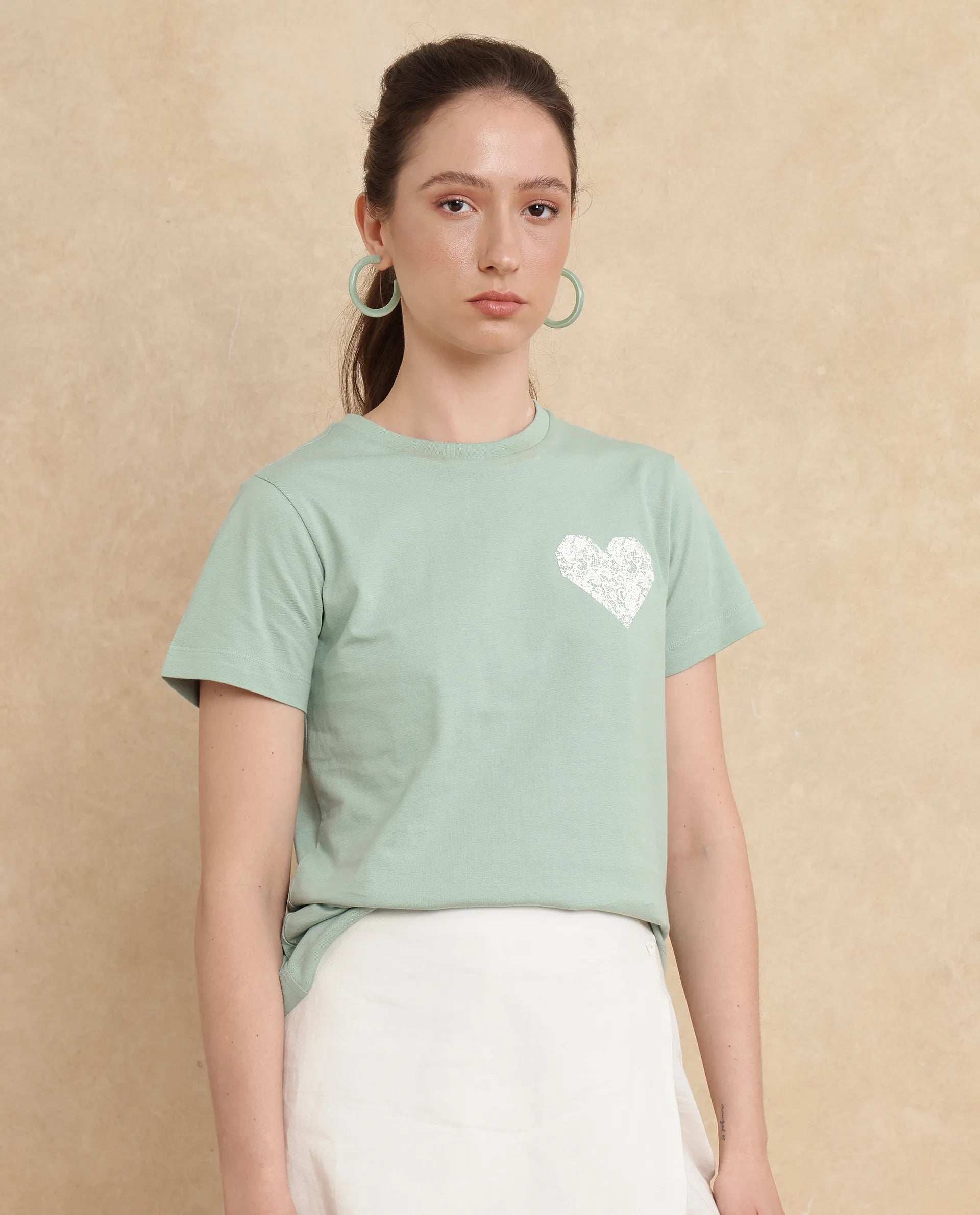 Rareism Women Ronpel Light Green Cotton Fabric Short Sleeve Regular Fit Abstract T-Shirt