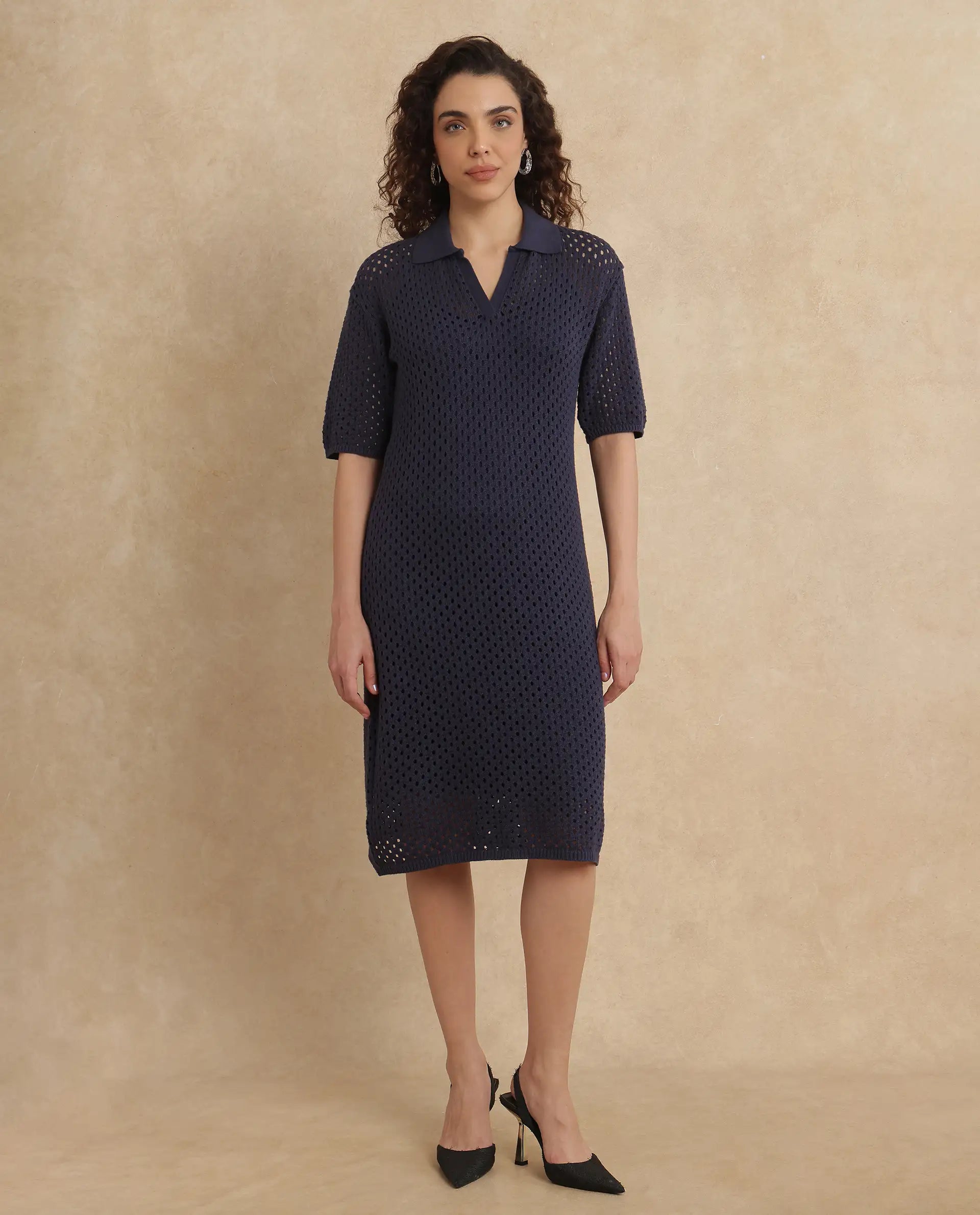 Rareism Women Ronpen Navy Cotton Fabric Sleeve Less Relaxed Fit Dress