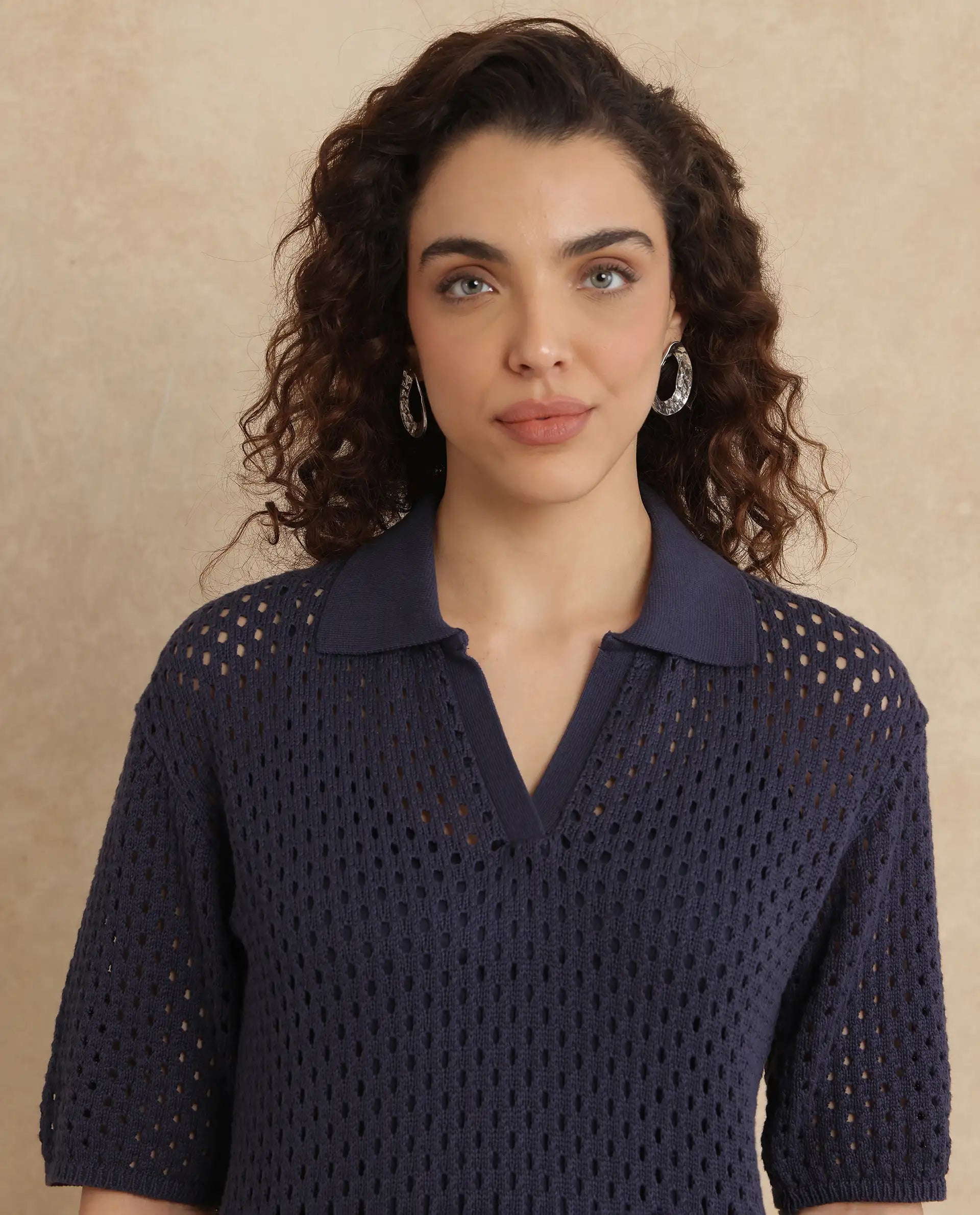 Rareism Women Ronpen Navy Cotton Fabric Sleeve Less Relaxed Fit Dress