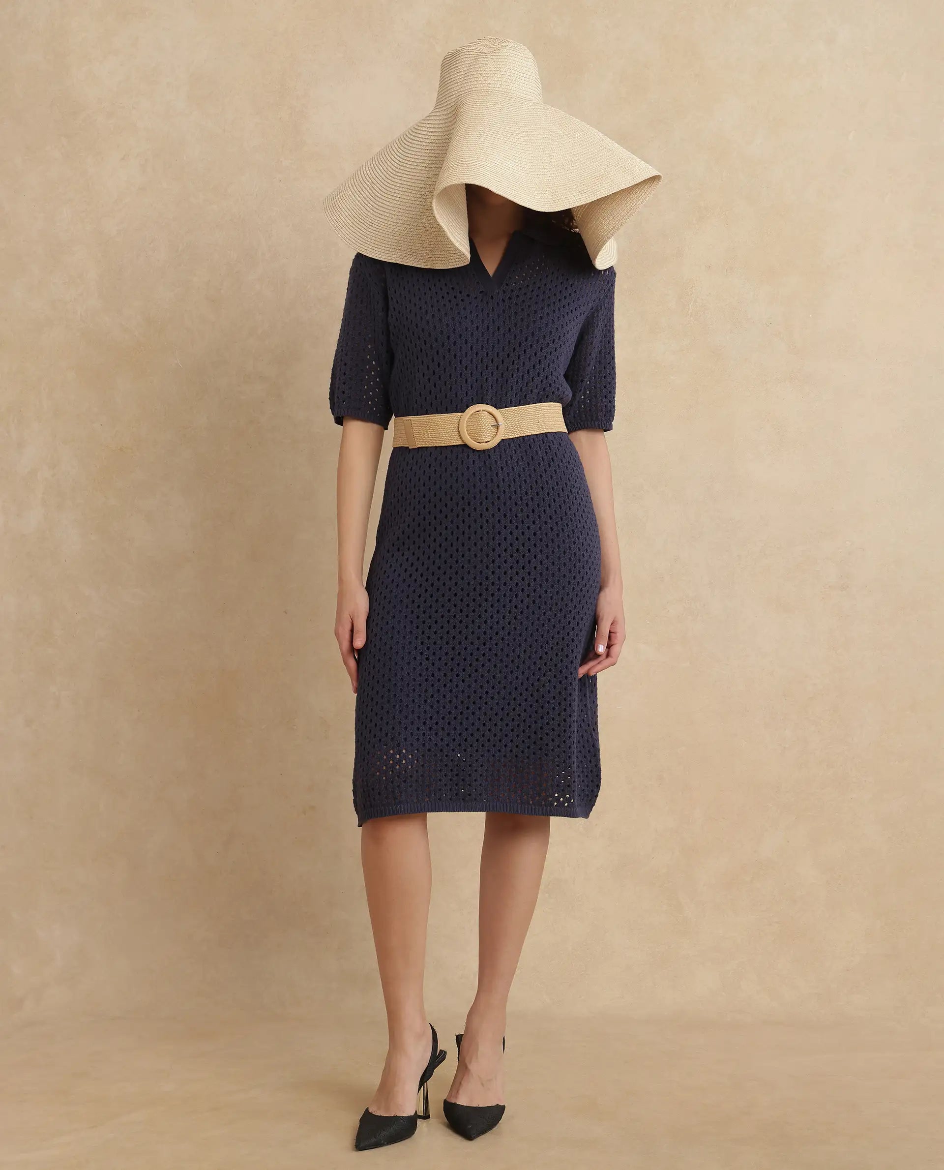 Rareism Women Ronpen Navy Cotton Fabric Sleeve Less Relaxed Fit Dress