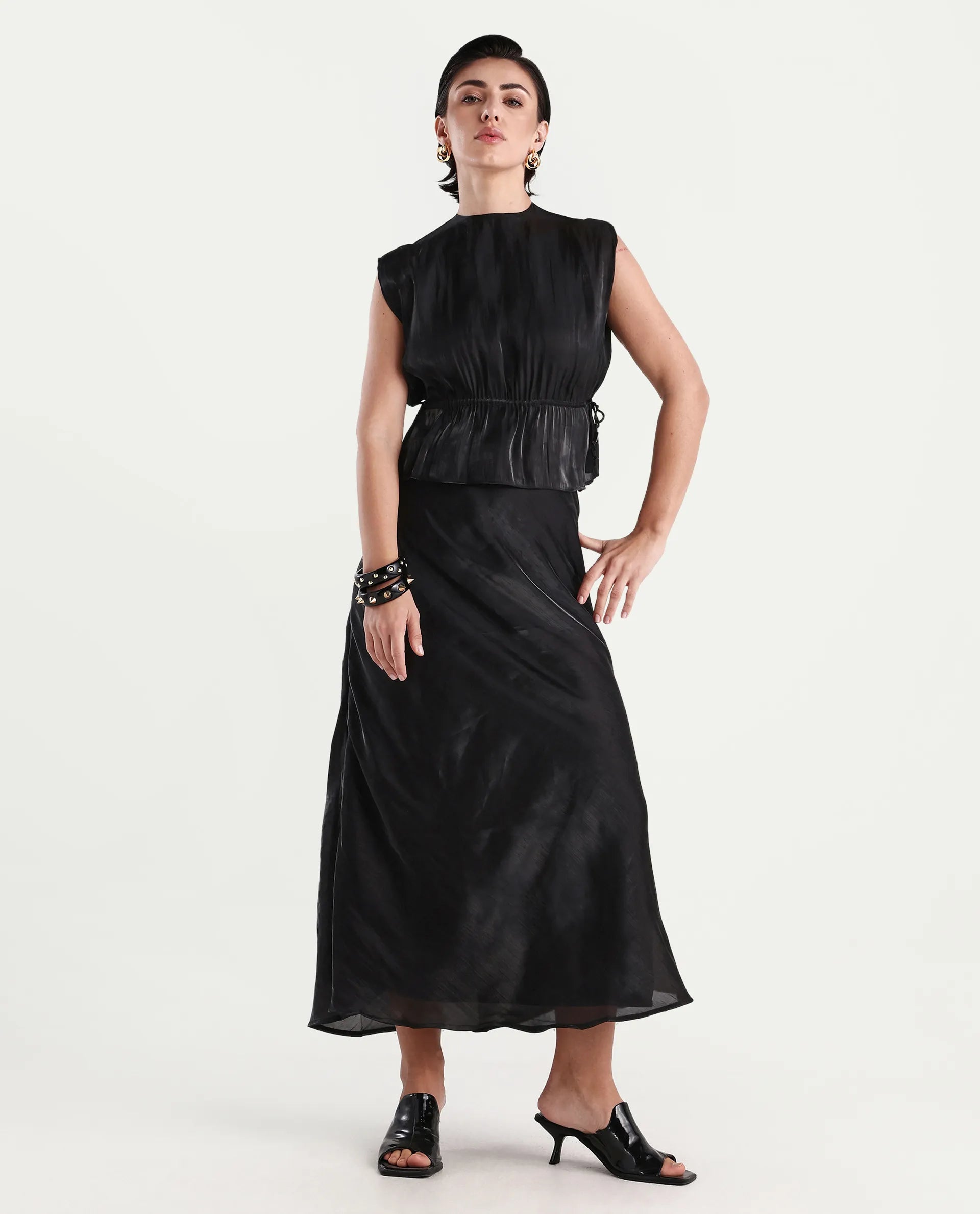 Rareism Women's Ronru Black Polyester Crew Neck Plain Sleeveless Regular Fit Top