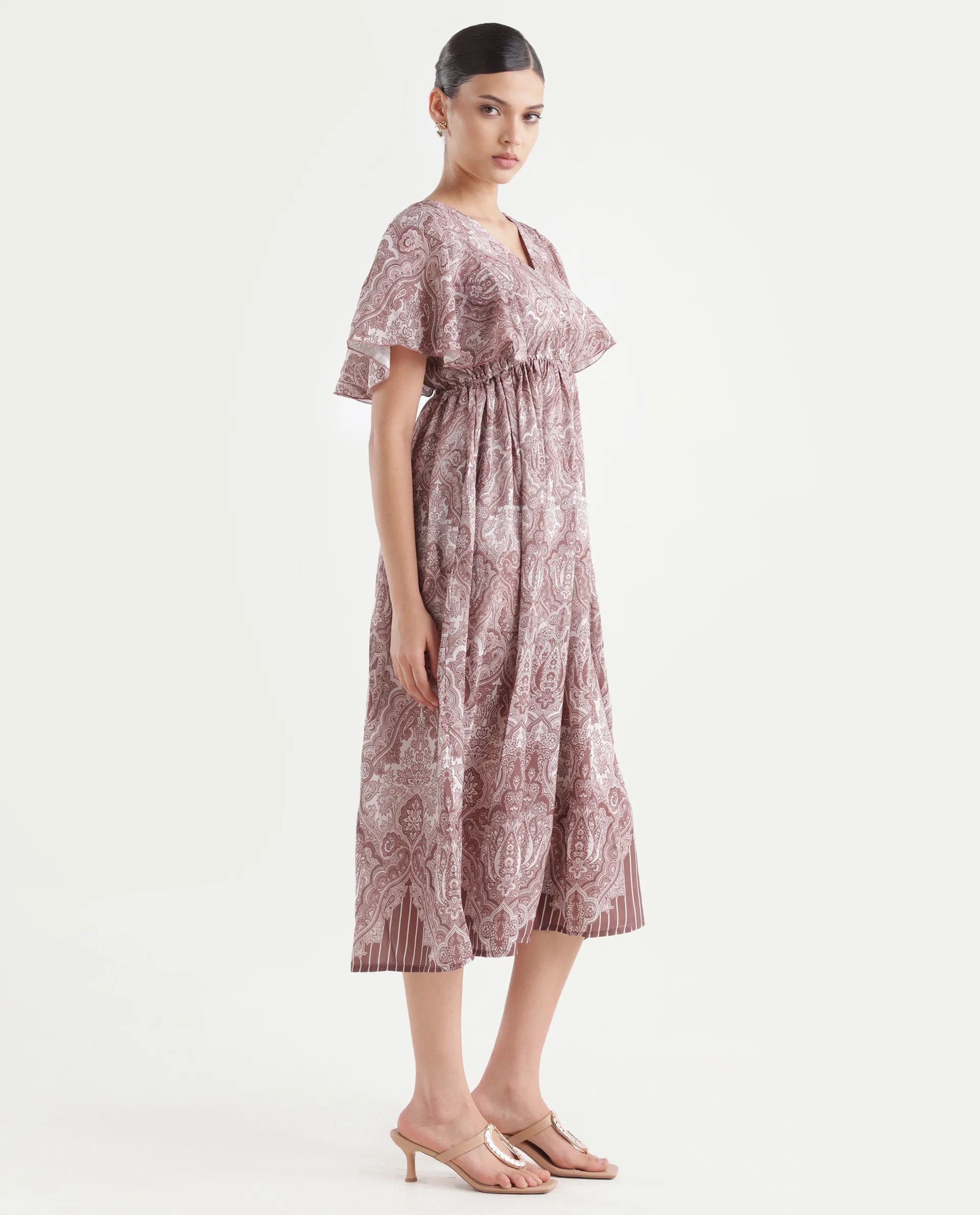 Rareism Women's Ronruf Light Brown Polyester V-Neck Ornamental Print Ruffled Sleeve Midi A-Line Dress