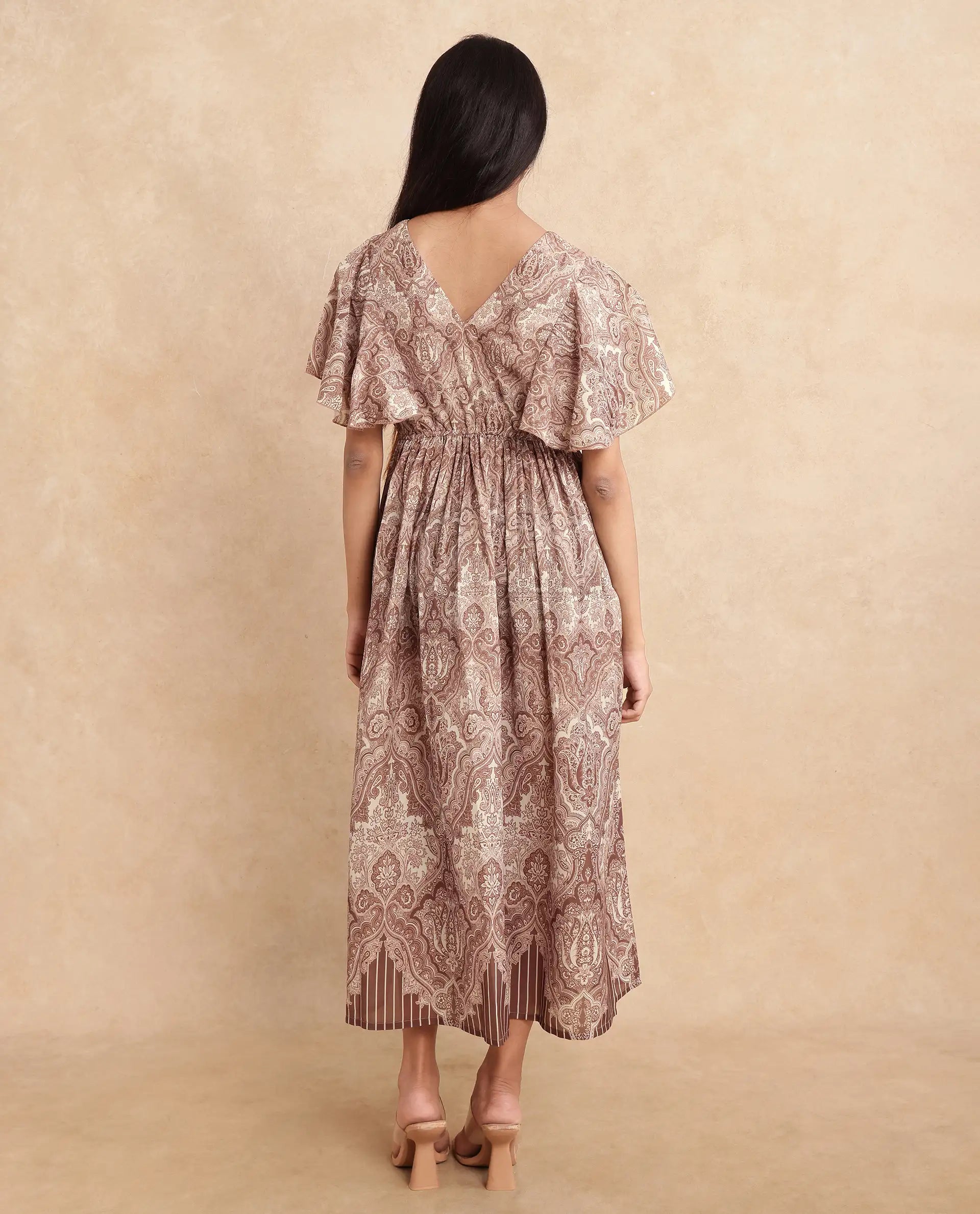 Rareism Women Ronruf Light Brown Polyester Fabric Ruffled Sleeve V-Neck A-Line Midi Ornamental Print Dress