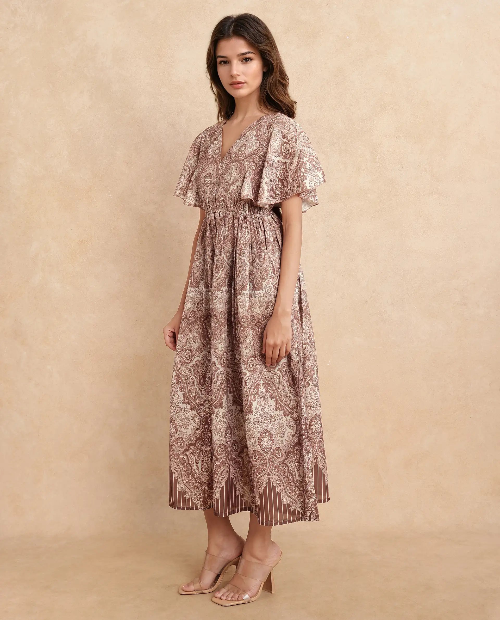 Rareism Women Ronruf Light Brown Polyester Fabric Ruffled Sleeve V-Neck A-Line Midi Ornamental Print Dress