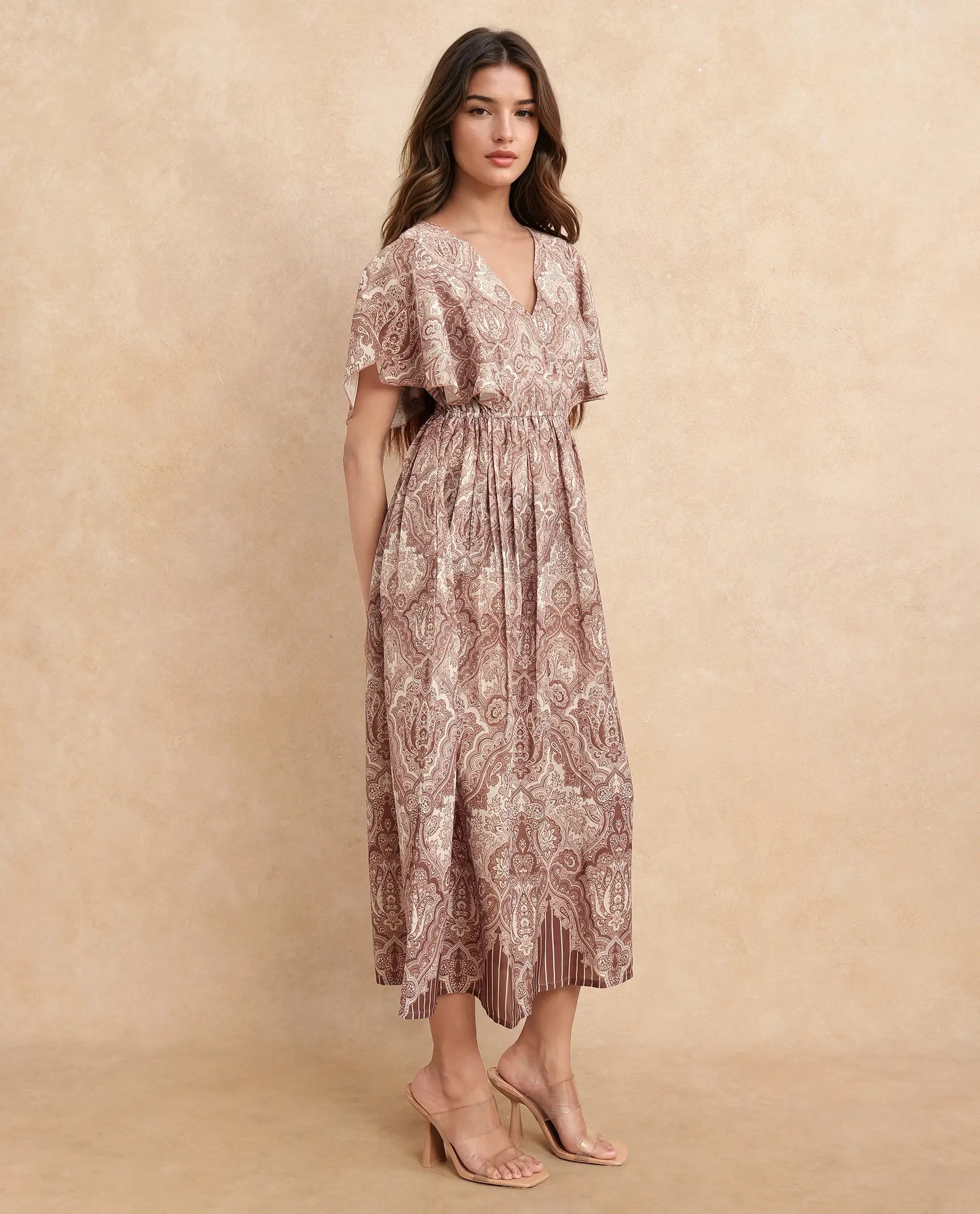 Rareism Women Ronruf Light Brown Polyester Fabric Ruffled Sleeve V-Neck A-Line Midi Ornamental Print Dress