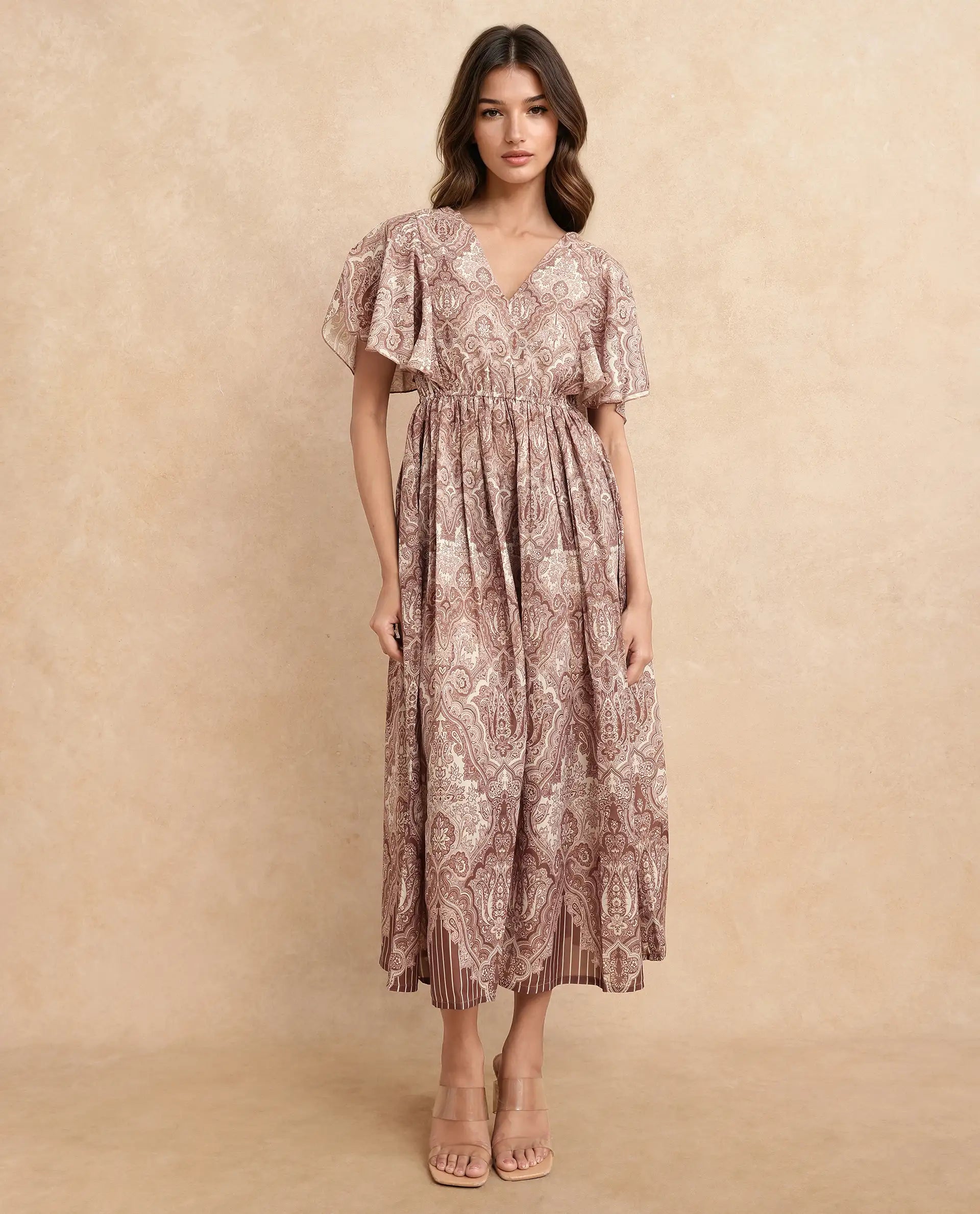 Rareism Women Ronruf Light Brown Polyester Fabric Ruffled Sleeve V-Neck A-Line Midi Ornamental Print Dress