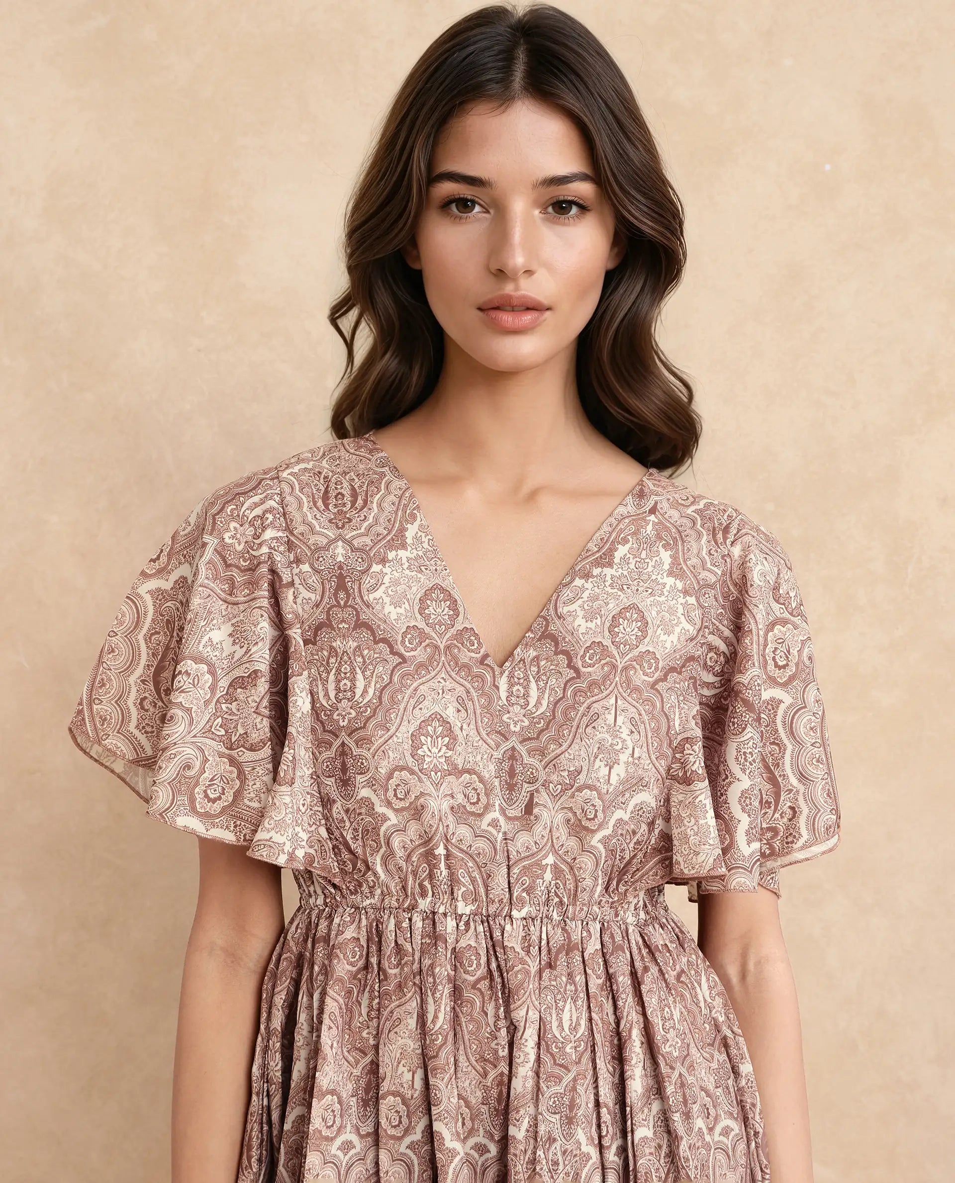 Rareism Women Ronruf Light Brown Polyester Fabric Ruffled Sleeve V-Neck A-Line Midi Ornamental Print Dress