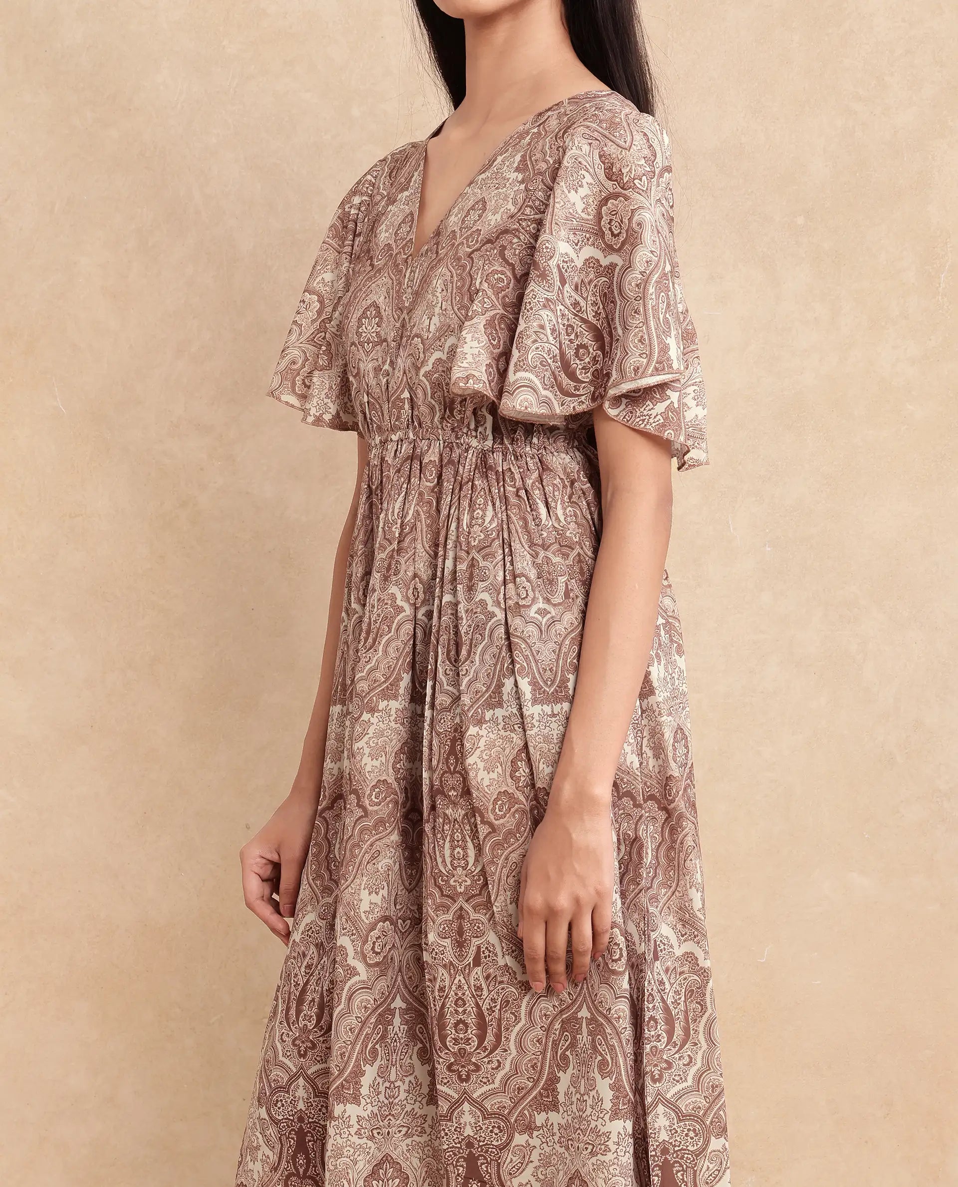 Rareism Women Ronruf Light Brown Polyester Fabric Ruffled Sleeve V-Neck A-Line Midi Ornamental Print Dress