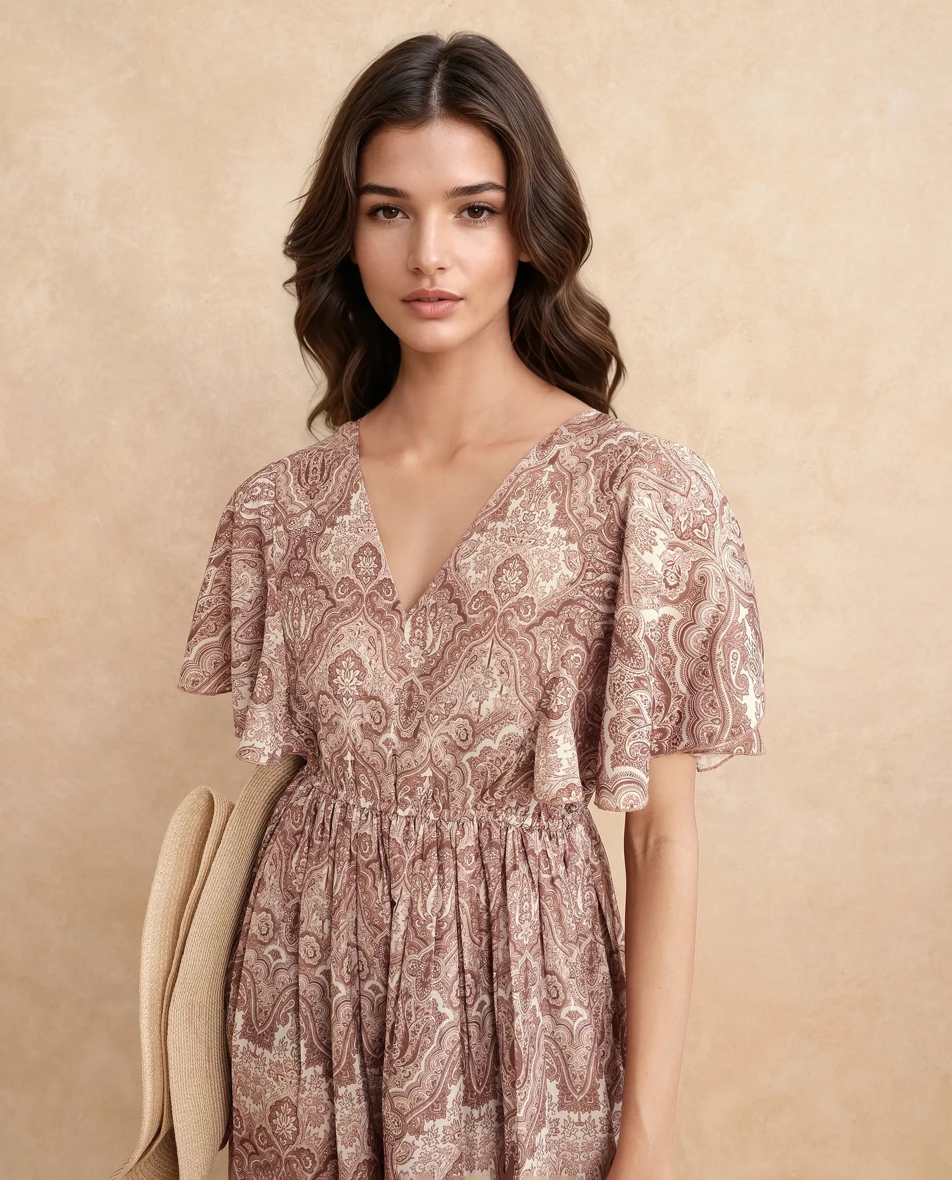 Rareism Women Ronruf Light Brown Polyester Fabric Ruffled Sleeve V-Neck A-Line Midi Ornamental Print Dress