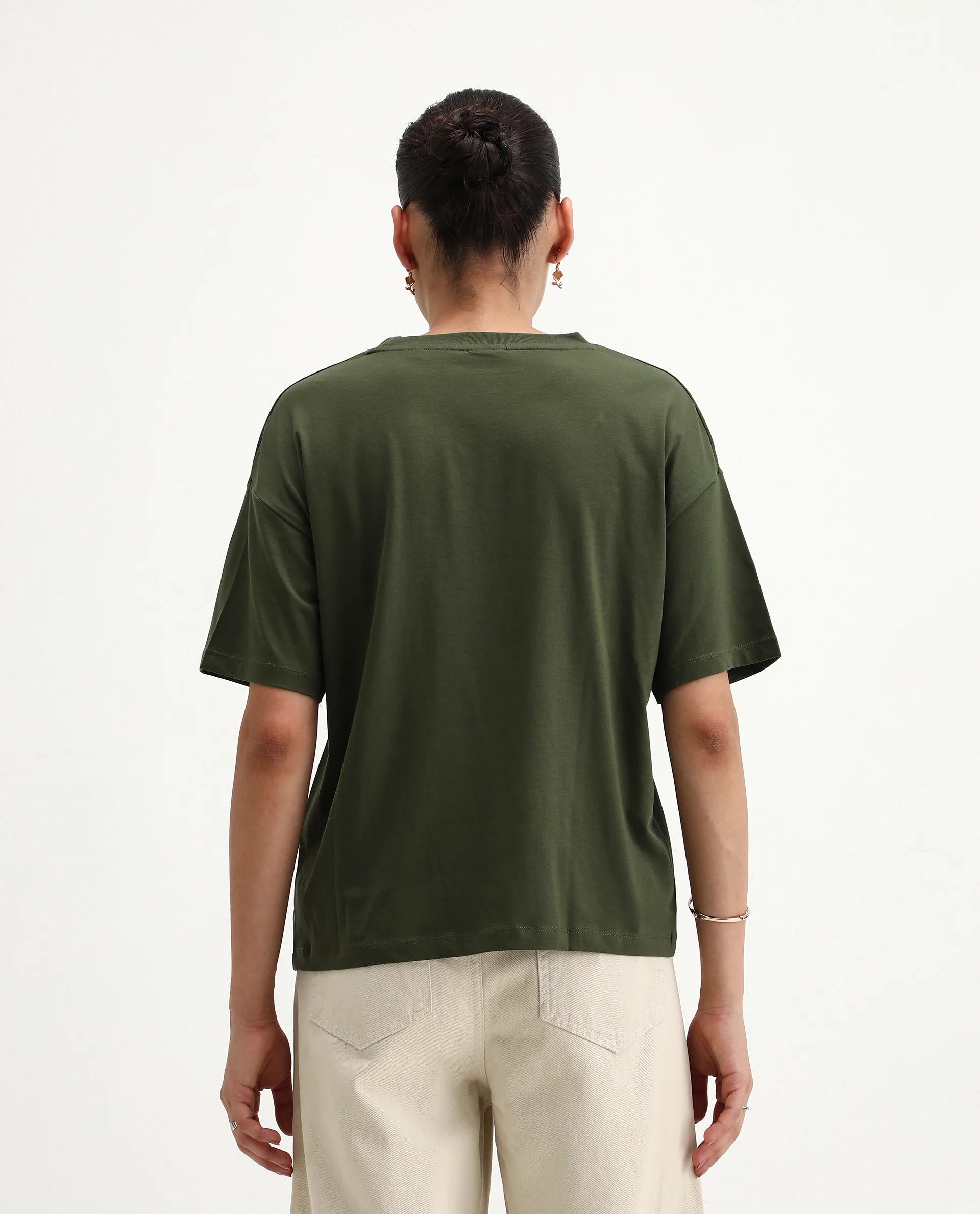 Rareism Women's Ronrufo Olive Cotton Blend Round Neck Plain Boxy Fit T-Shirt