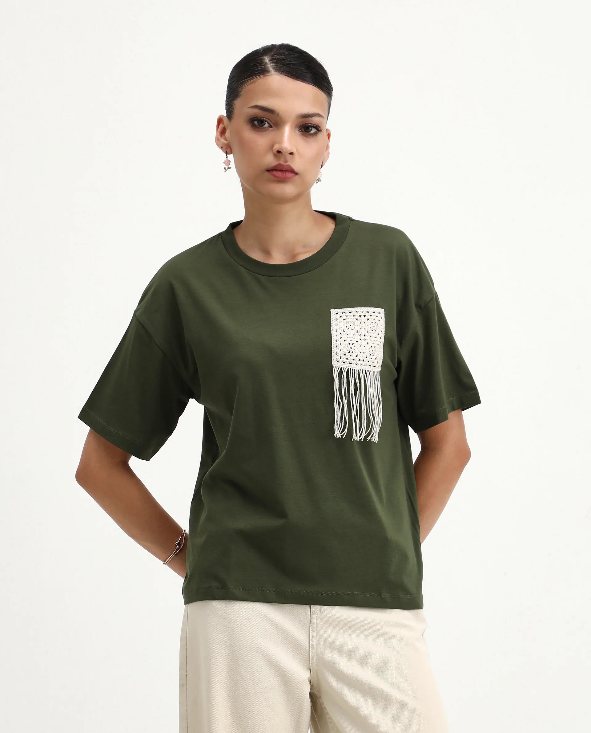 Rareism Women's Ronrufo Olive Cotton Blend Round Neck Plain Boxy Fit T-Shirt
