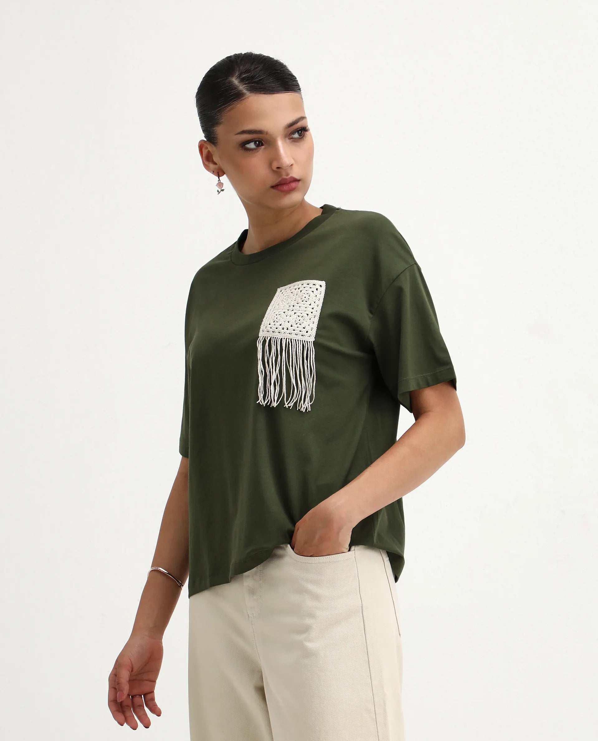 Rareism Women's Ronrufo Olive Cotton Blend Round Neck Plain Boxy Fit T-Shirt