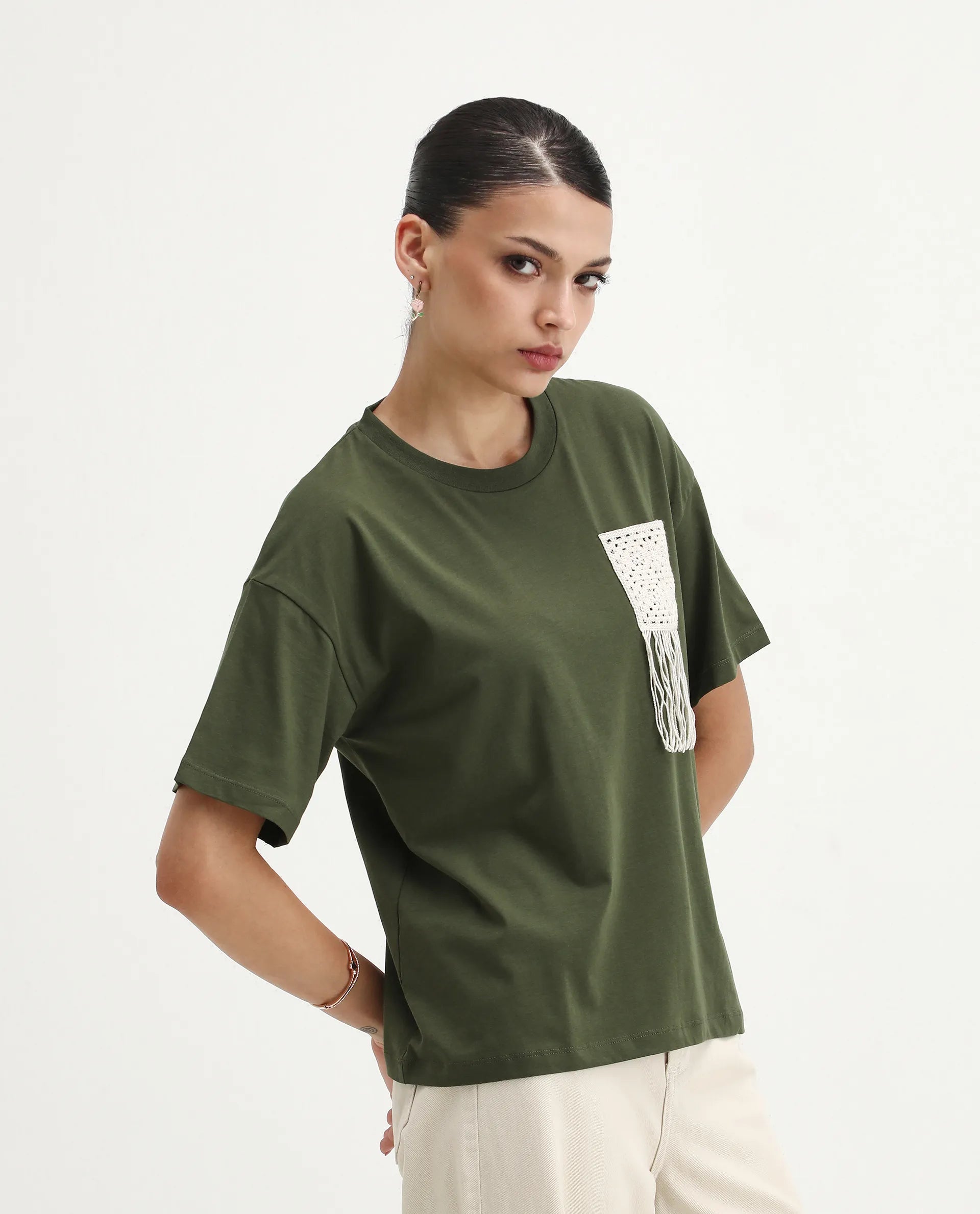 Rareism Women's Ronrufo Olive Cotton Blend Round Neck Plain Boxy Fit T-Shirt