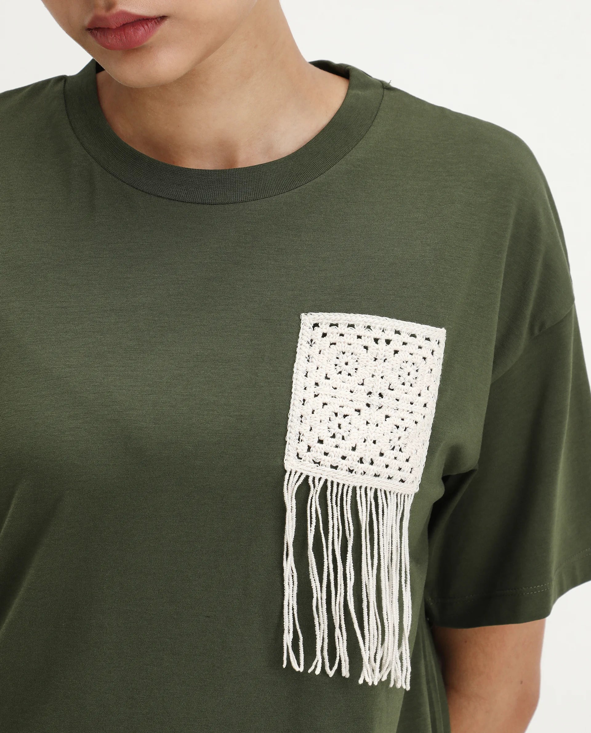 Rareism Women's Ronrufo Olive Cotton Blend Round Neck Plain Boxy Fit T-Shirt