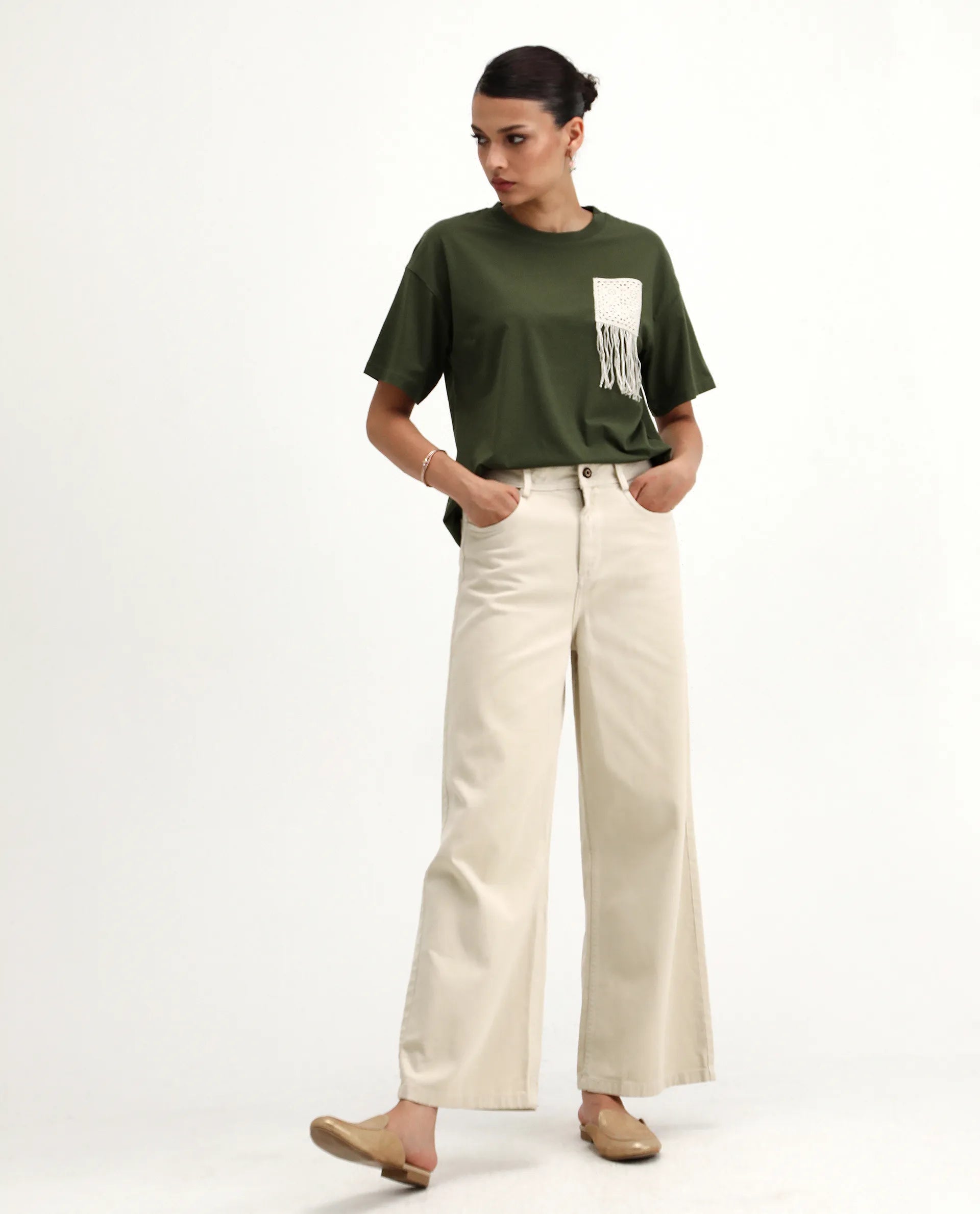 Rareism Women's Ronrufo Olive Cotton Blend Round Neck Plain Boxy Fit T-Shirt