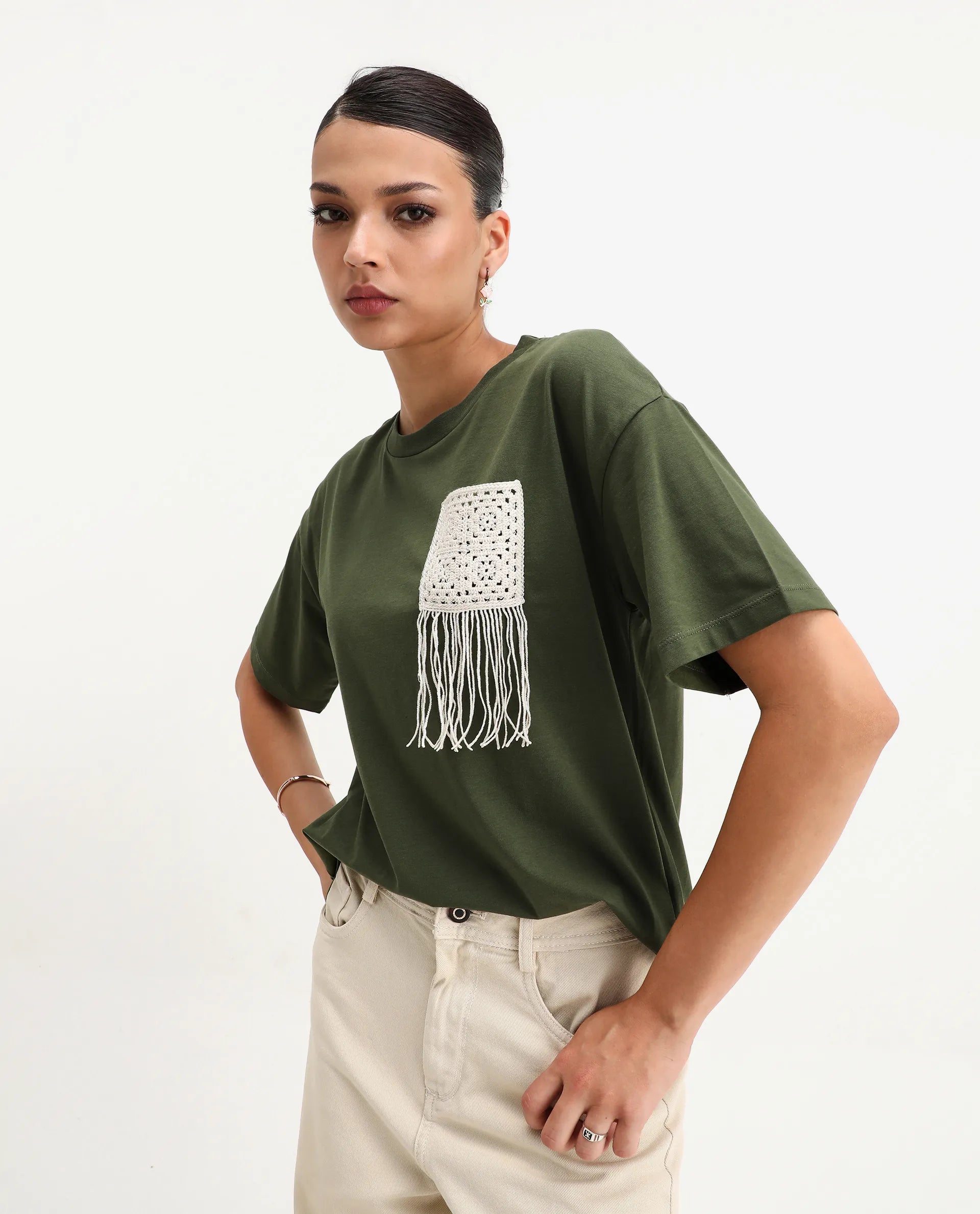 Rareism Women's Ronrufo Olive Cotton Blend Round Neck Plain Boxy Fit T-Shirt