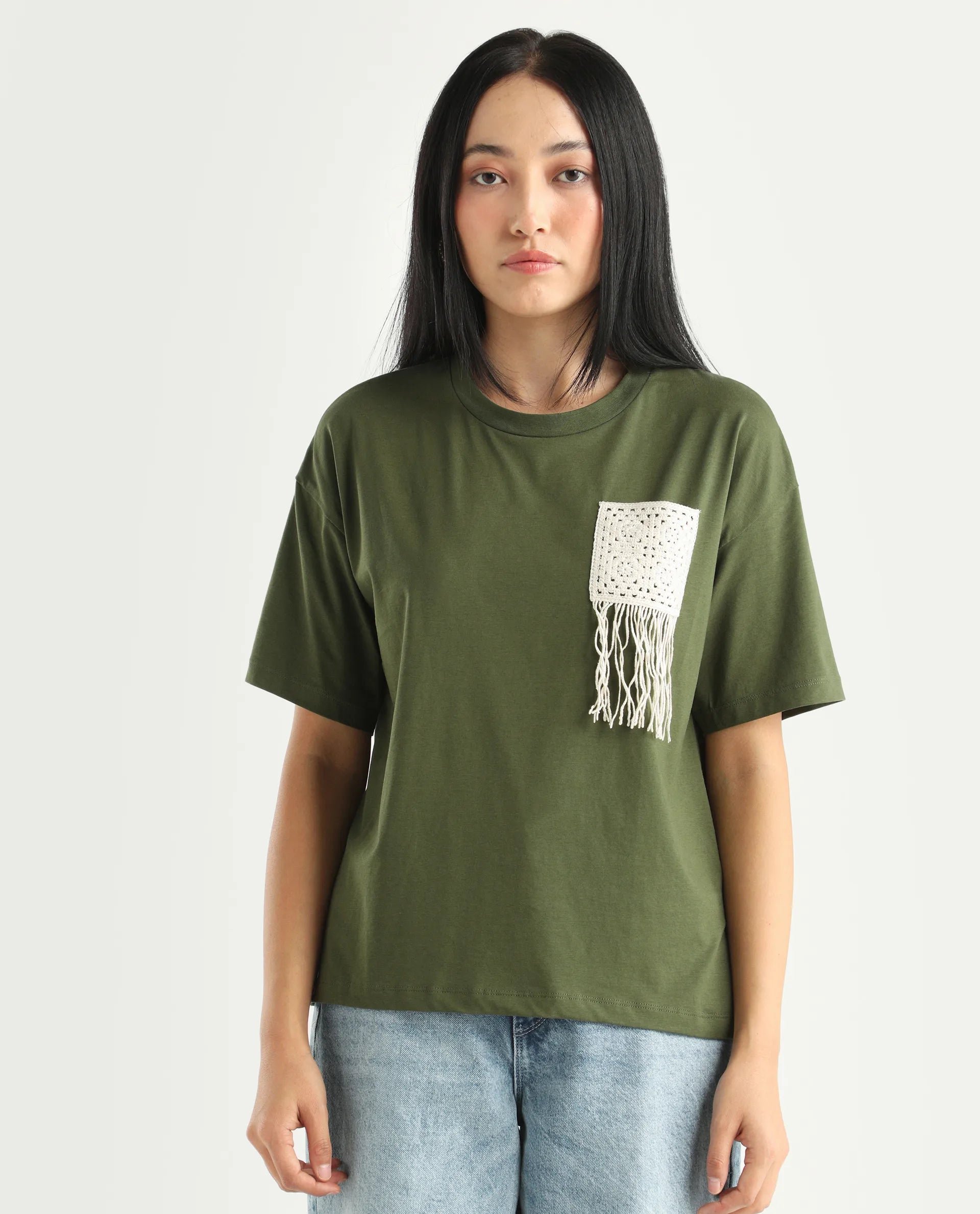 Rareism Women's Ronrufo Olive Cotton Blend Round Neck Plain Boxy Fit T-Shirt