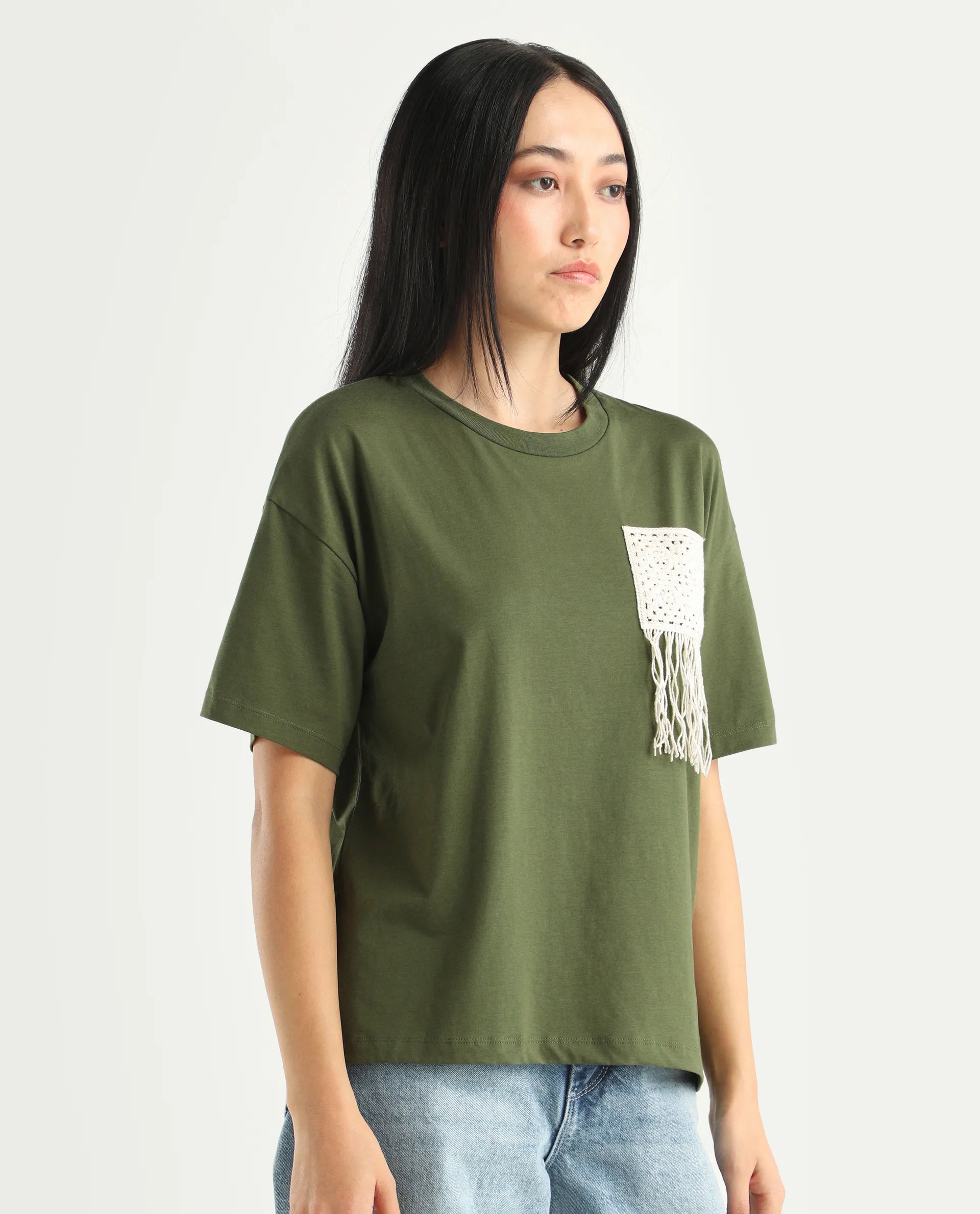 Rareism Women's Ronrufo Olive Cotton Blend Round Neck Plain Boxy Fit T-Shirt