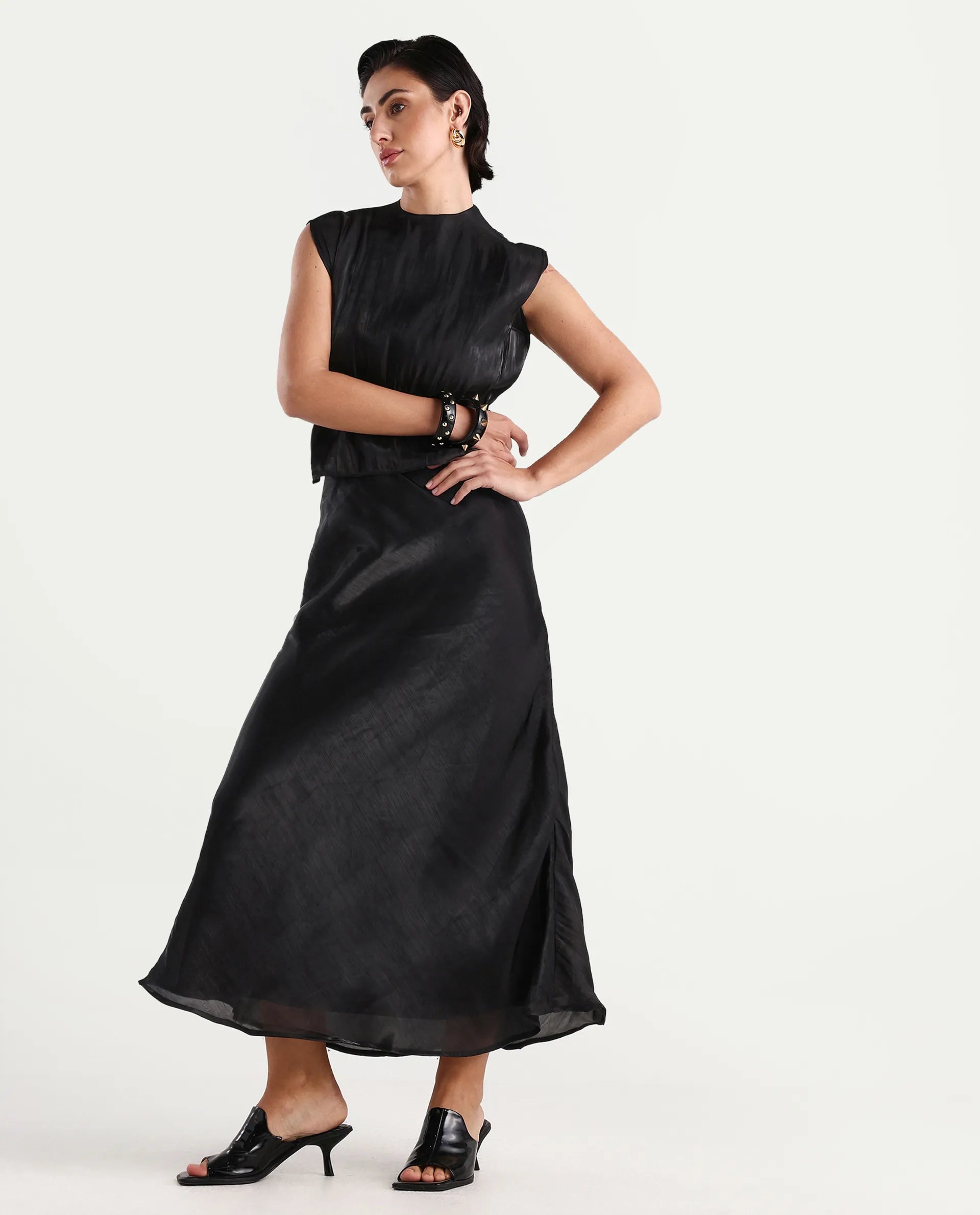 Rareism Women's Ronski Black Polyester Plain Maxi A-Line Skirt