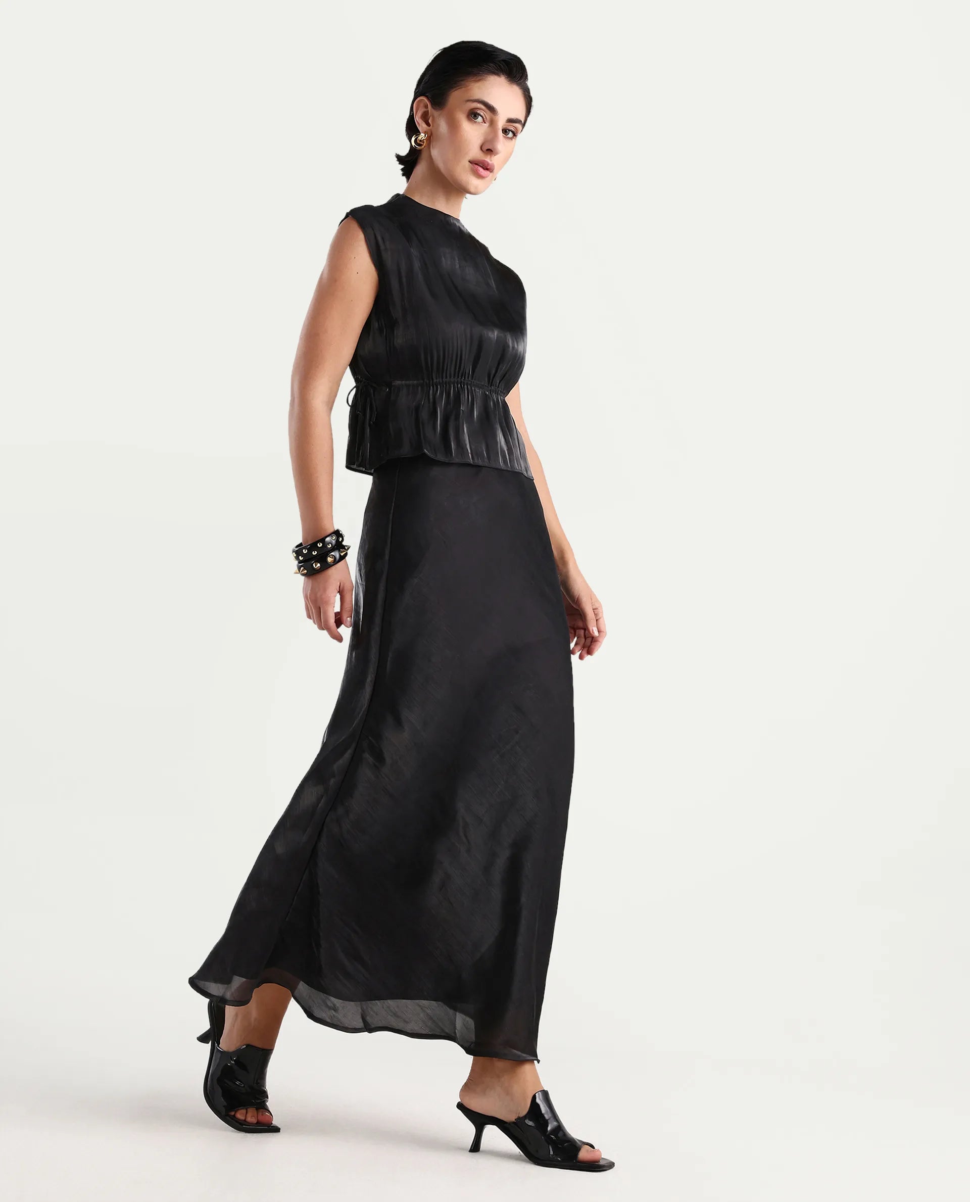 Rareism Women's Ronski Black Polyester Plain Maxi A-Line Skirt