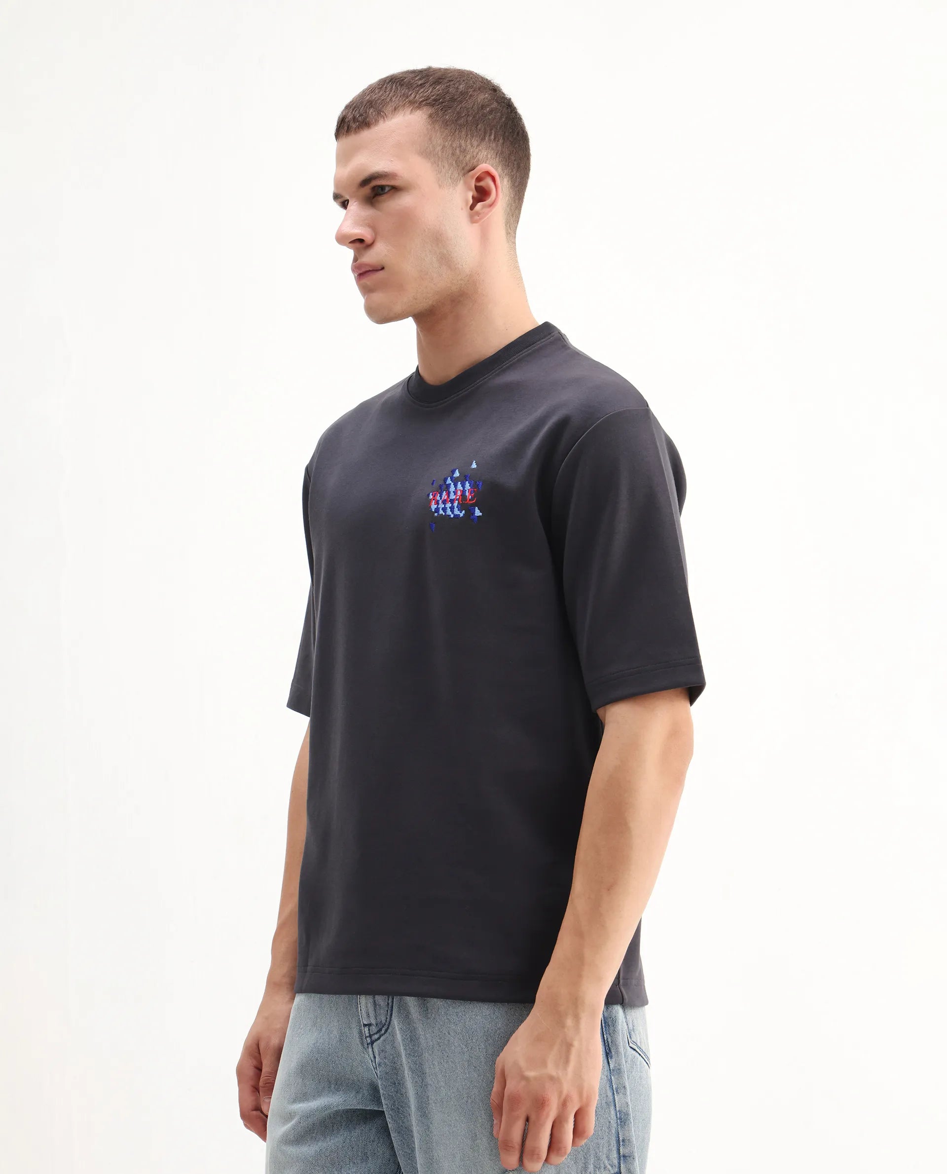 Rare Rabbit Men's Ronto-T Dark Grey Cotton Blend Graphic Print Oversized Fit Half Sleeve Crew Neck T-Shirt