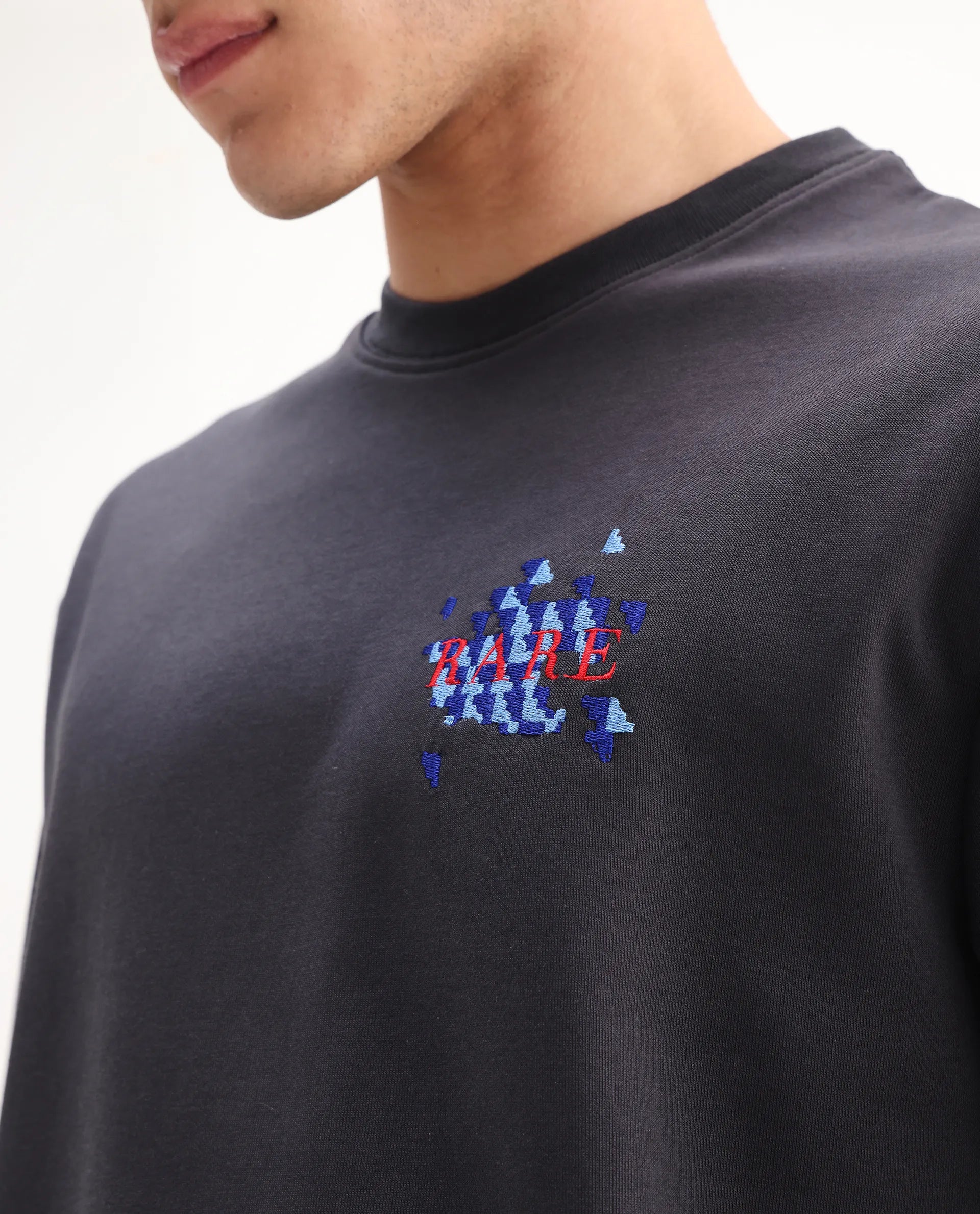 Rare Rabbit Men's Ronto-T Dark Grey Cotton Blend Graphic Print Oversized Fit Half Sleeve Crew Neck T-Shirt