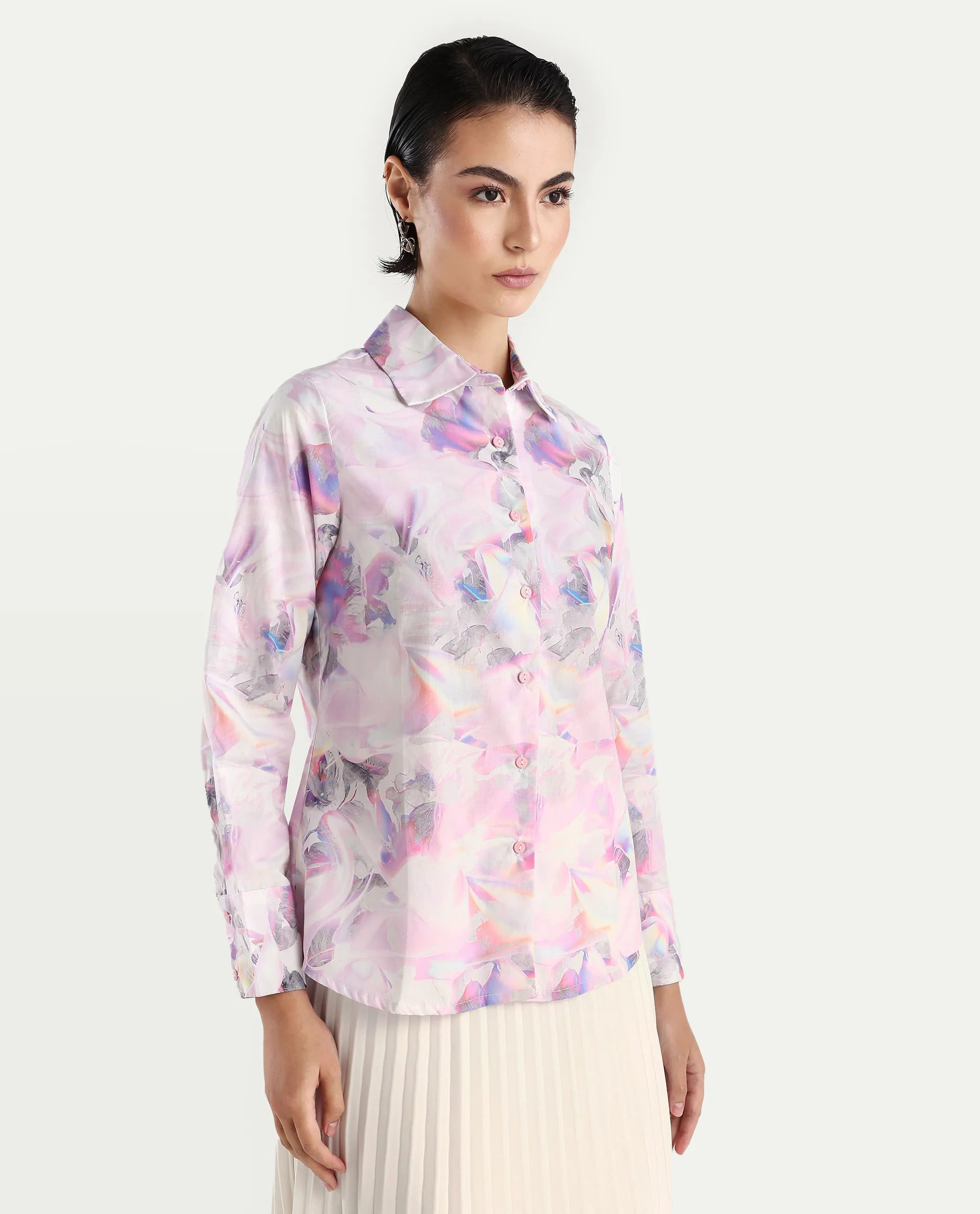 Rareism Women's Ronton Multi Cotton Ribbed Collar Abstract Print Cuffed Sleeve Regular Fit Top