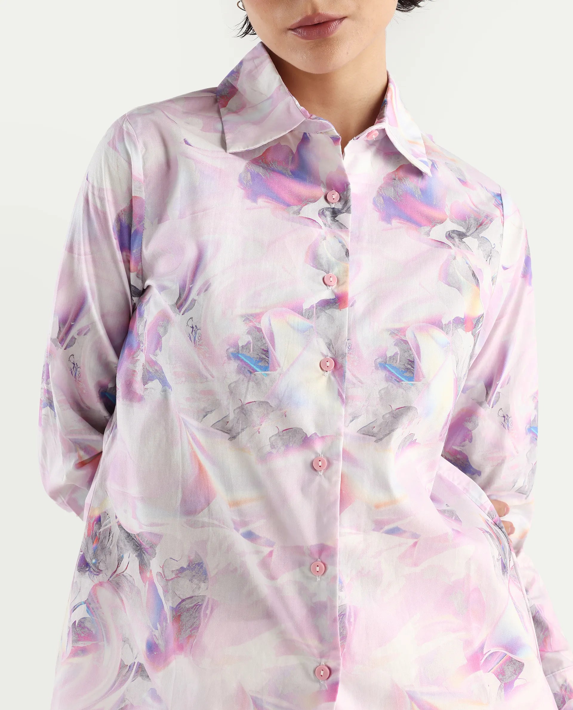 Rareism Women's Ronton Multi Cotton Ribbed Collar Abstract Print Cuffed Sleeve Regular Fit Top