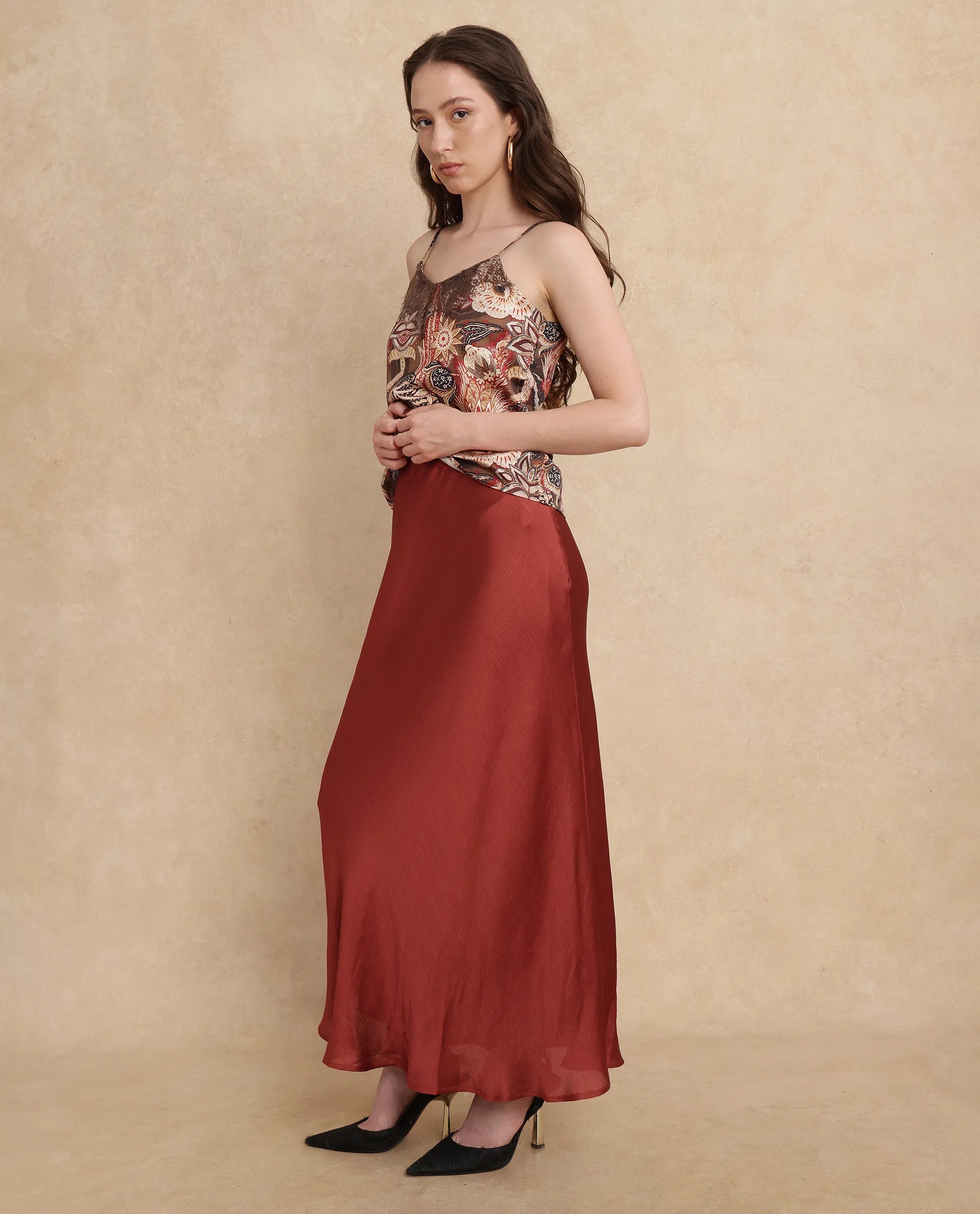 Rareism Women Ronu-B Rust Polyester Fabric Fitted Maxi Plain Skirt