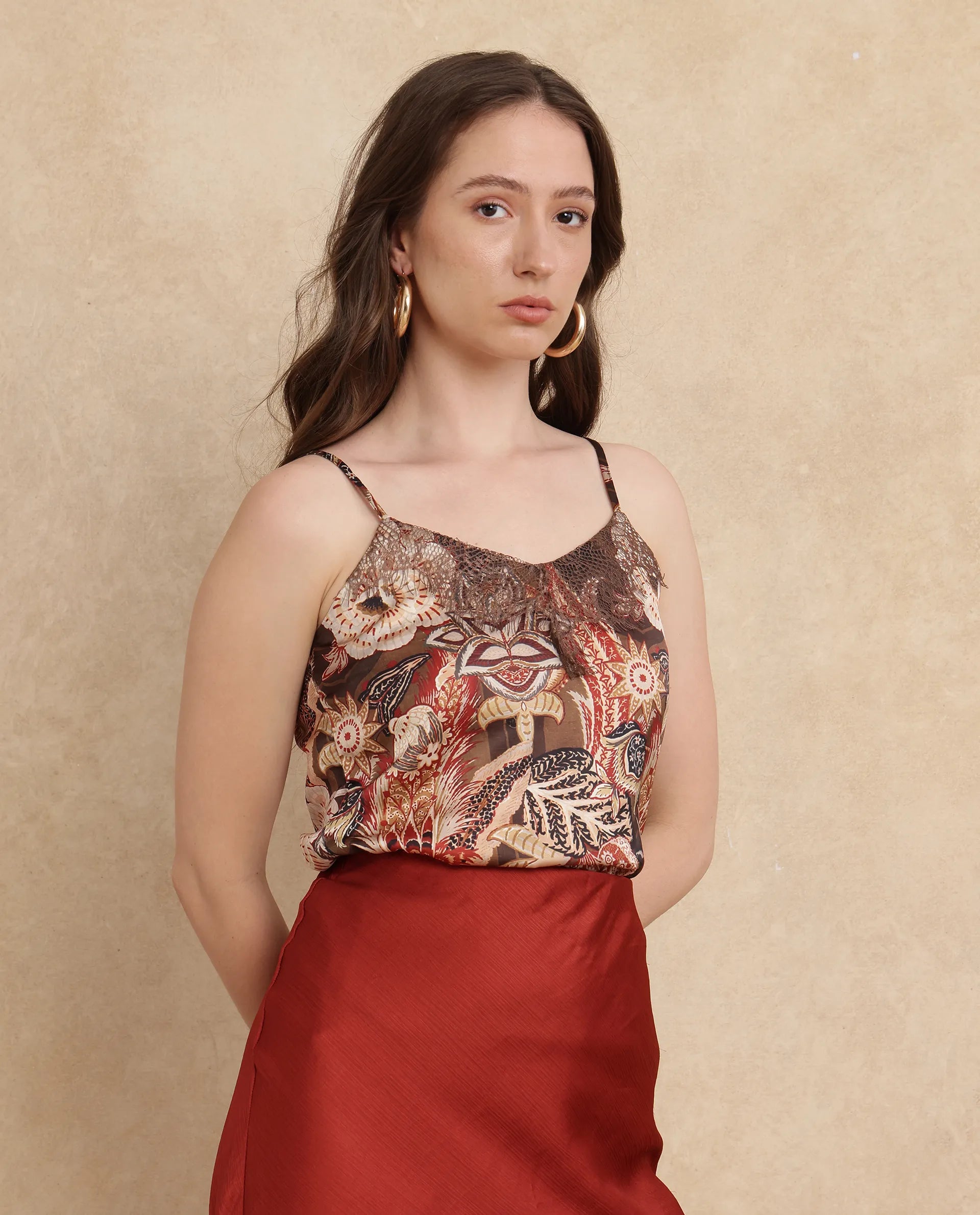 Rareism Women Ronu Brown Polyester Fabric Sleeveless V-Neck Regular Fit Abstract Print Top