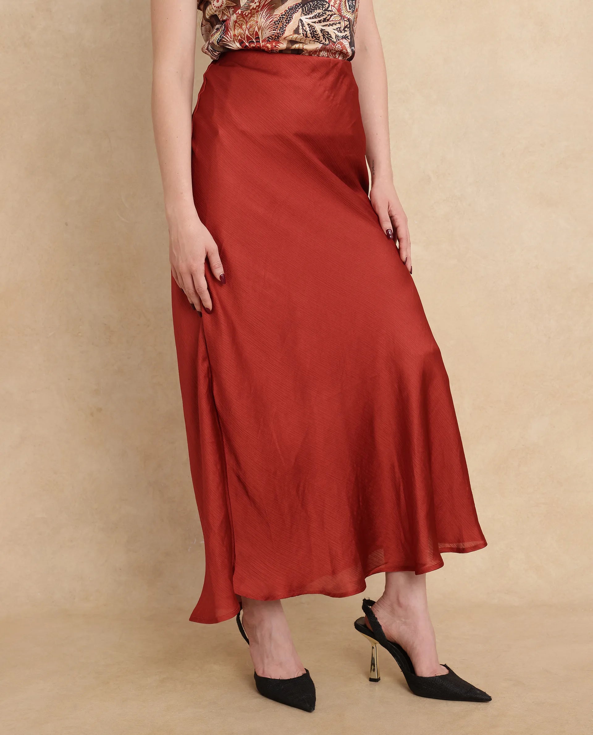 Rareism Women Ronu-B Rust Polyester Fabric Fitted Maxi Plain Skirt