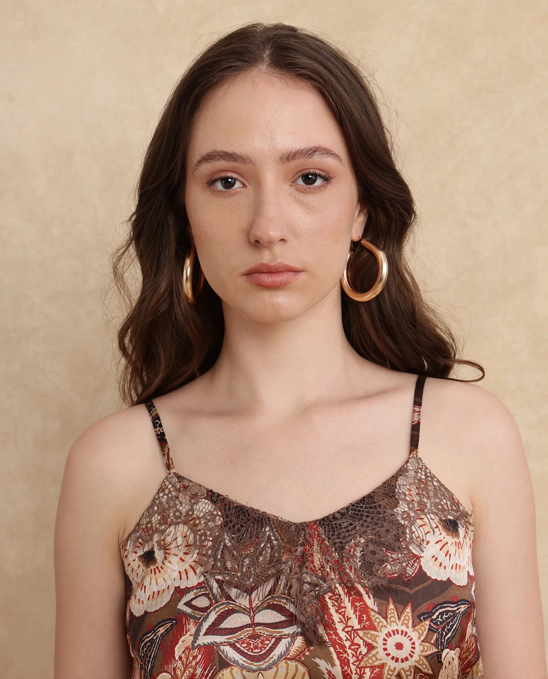 Rareism Women Ronu Brown Polyester Fabric Sleeveless V-Neck Regular Fit Abstract Print Top