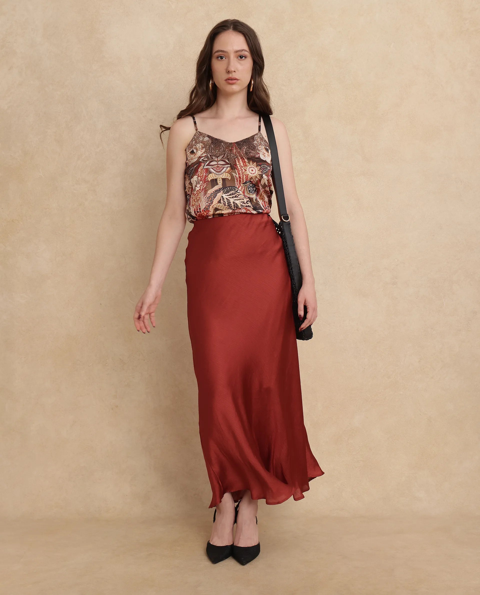 Rareism Women Ronu-B Rust Polyester Fabric Fitted Maxi Plain Skirt