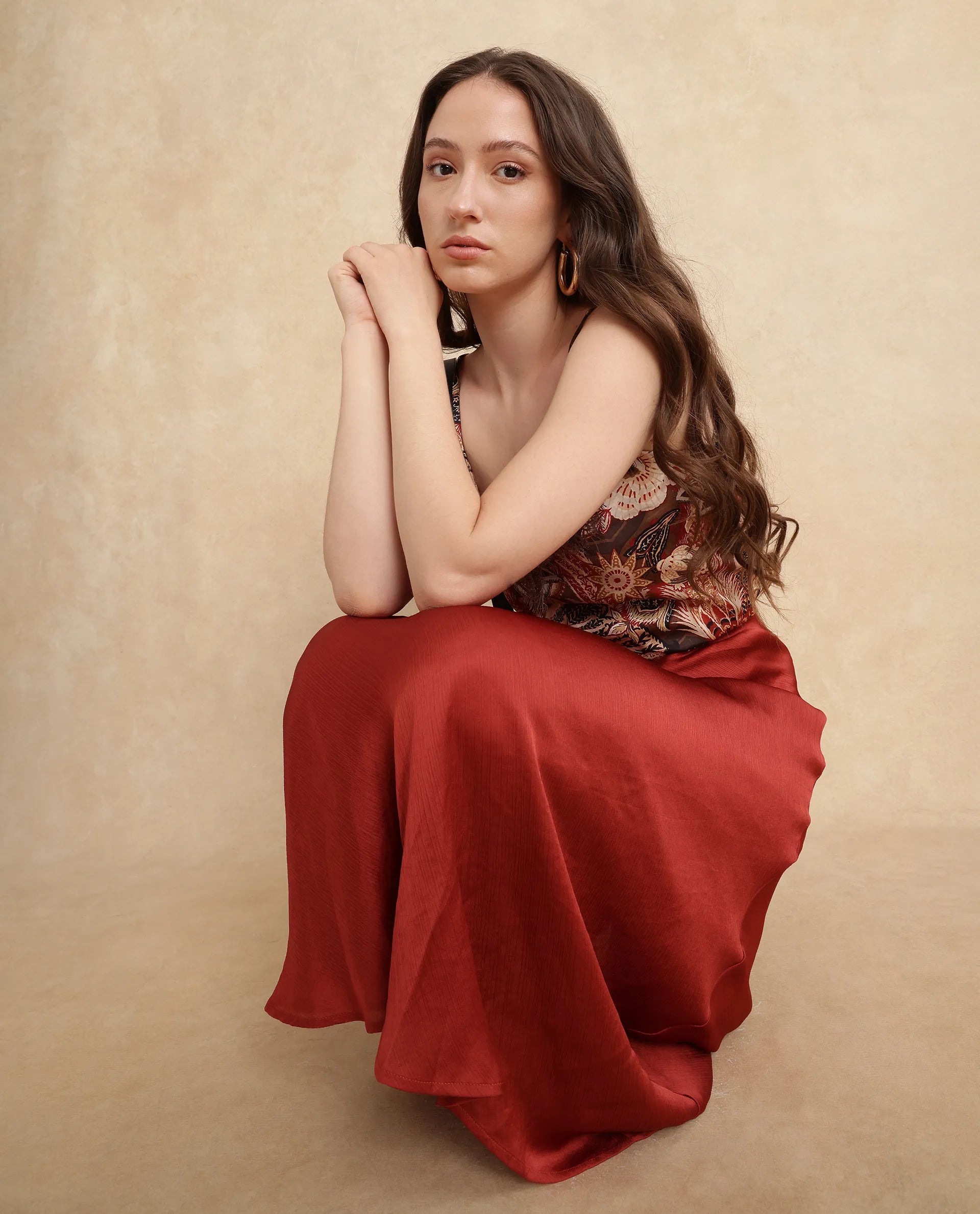 Rareism Women Ronu-B Rust Polyester Fabric Fitted Maxi Plain Skirt