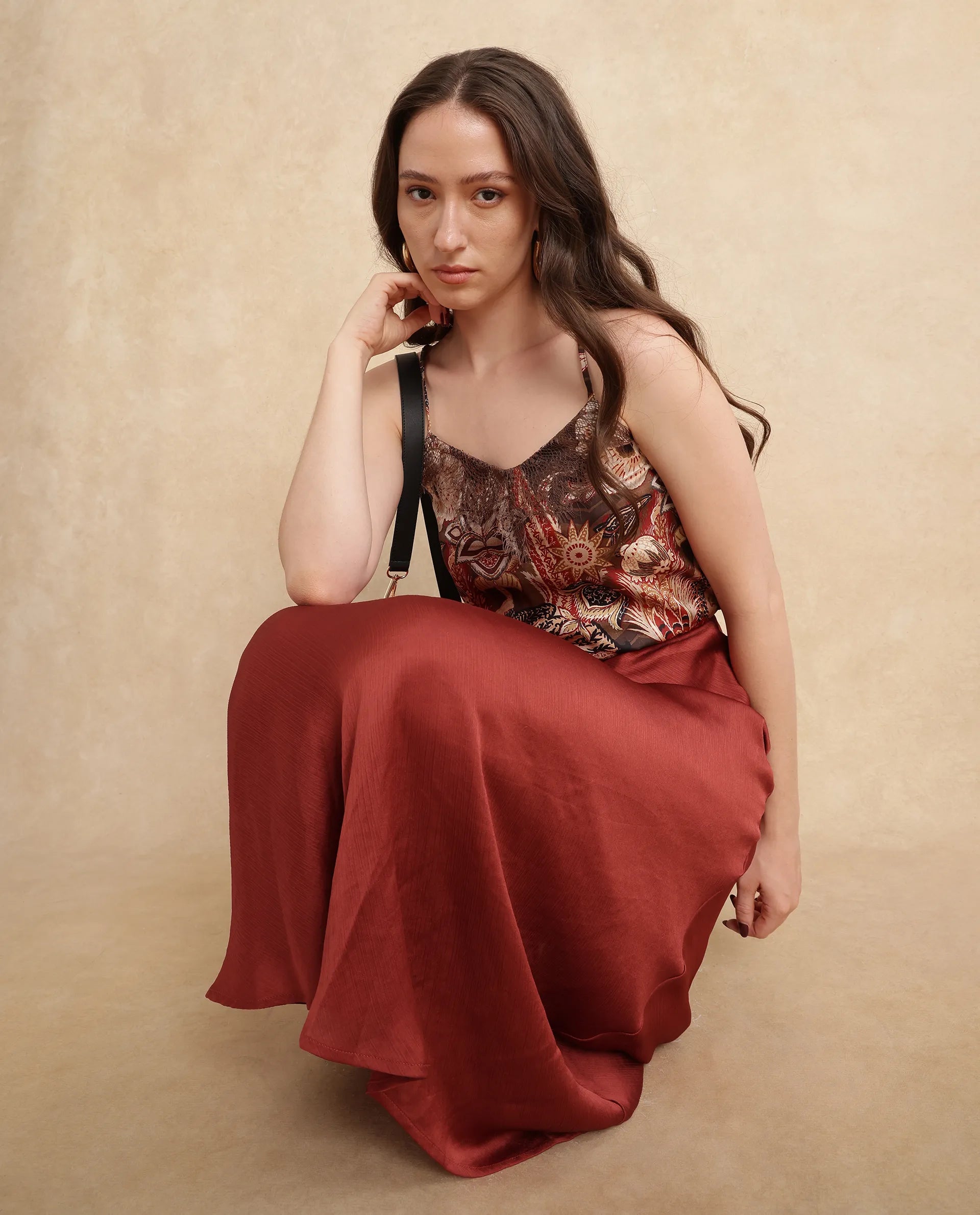 Rareism Women Ronu Brown Polyester Fabric Sleeveless V-Neck Regular Fit Abstract Print Top