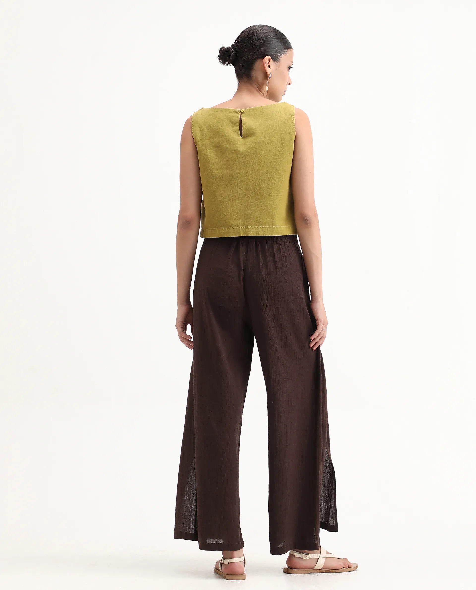 Rareism Women's Ronuz Brown Cotton Plain Ankle Length Straight Fit Trouser