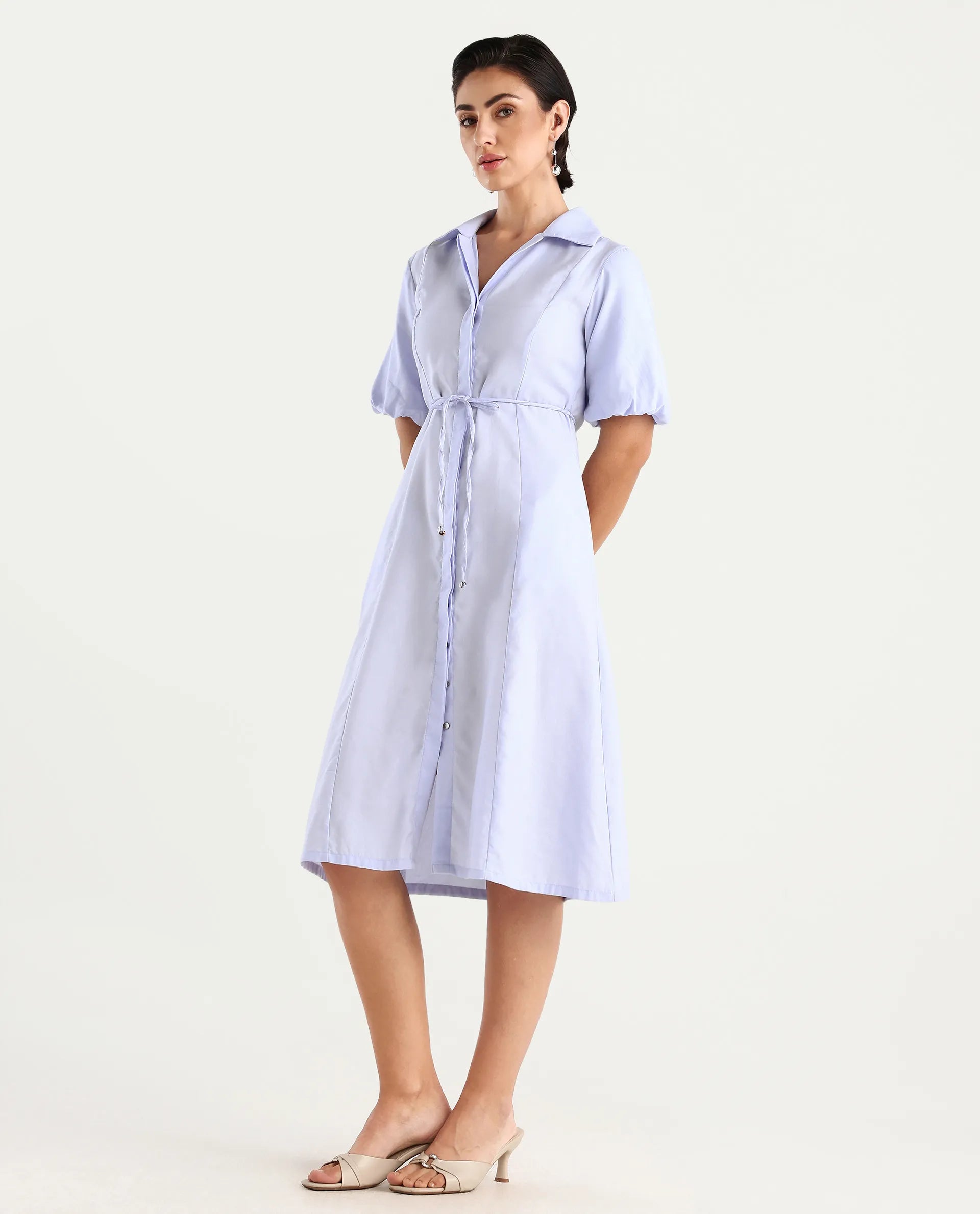 Rareism Women's Ronwer Blue Cotton Blend Spread Collar Plain Balloon Sleeve Midi Fit And Flare Dress