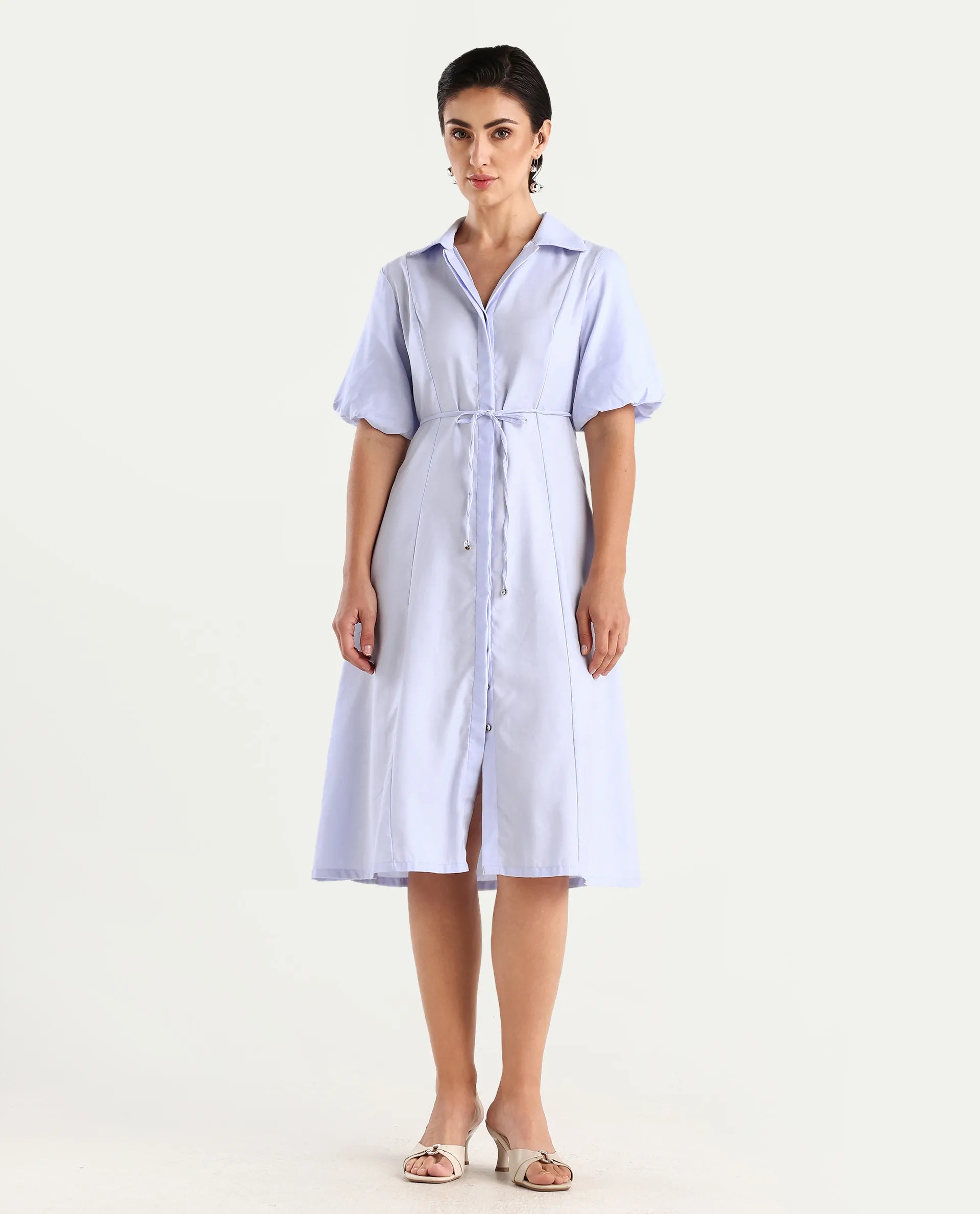 Rareism Women's Ronwer Blue Cotton Blend Spread Collar Plain Balloon Sleeve Midi Fit And Flare Dress